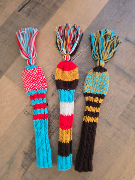Hand Knit Golf Club Head Covers Retro-Vintage Multi Colored with Tassels for Driver & Fairway Woods Golf Gift