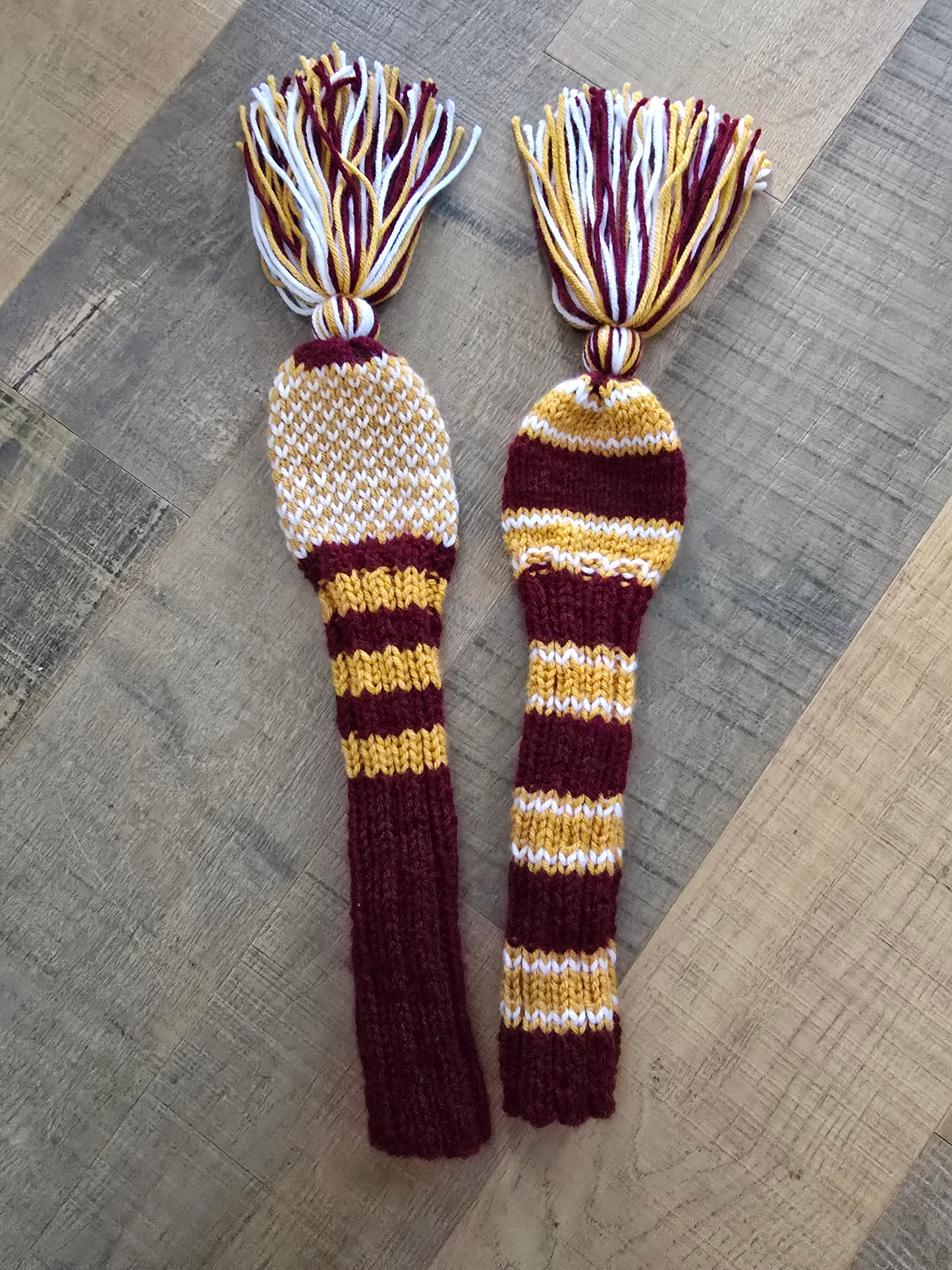 Two Golf Club Head Covers Retro-Vintage Burgundy, Gold & White with Tassels for Fairway Woods
