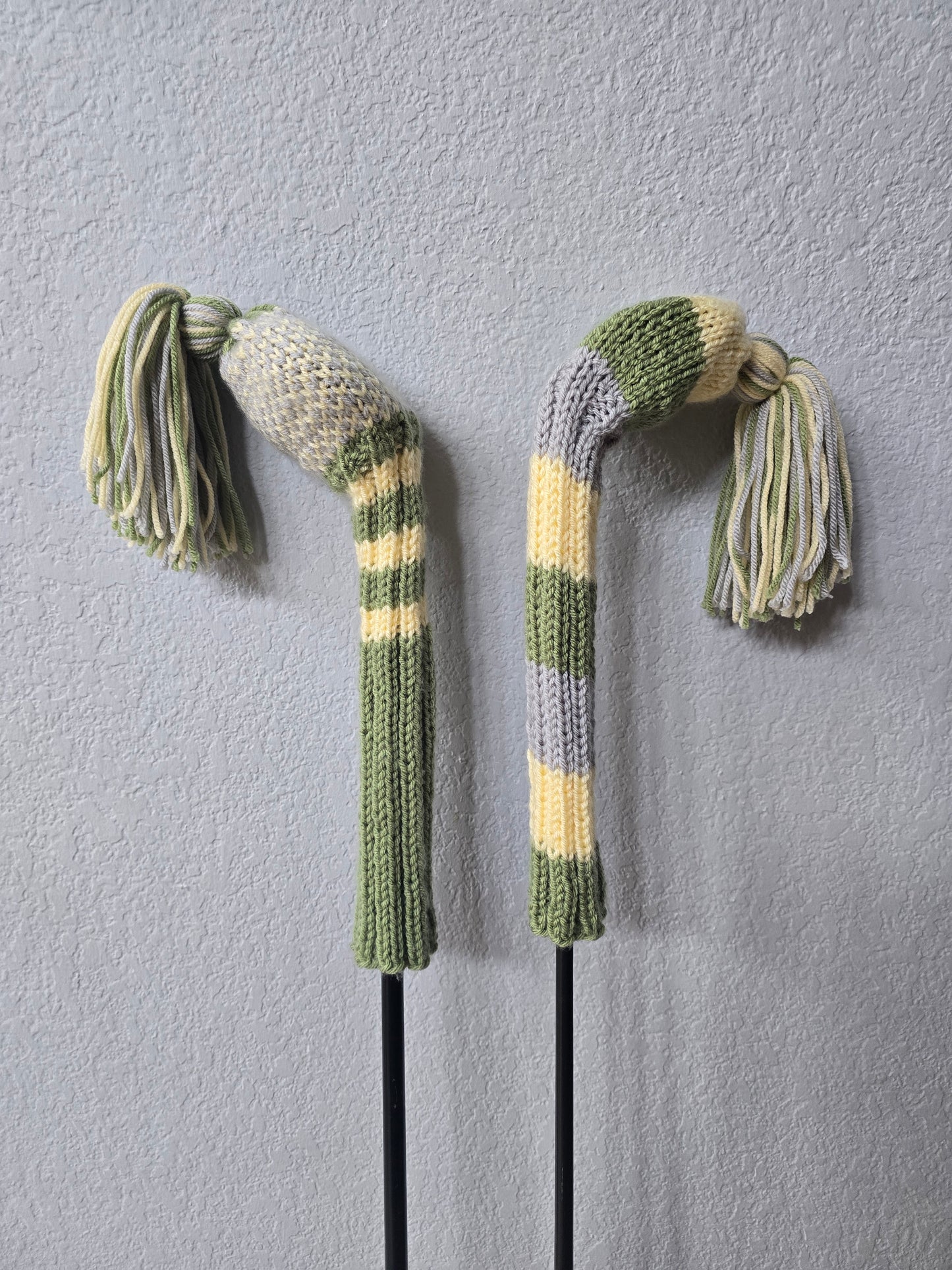 Two Golf Club Head Covers Retro-Vintage Green, Yellow & Gray with Tassels for Fairway Woods