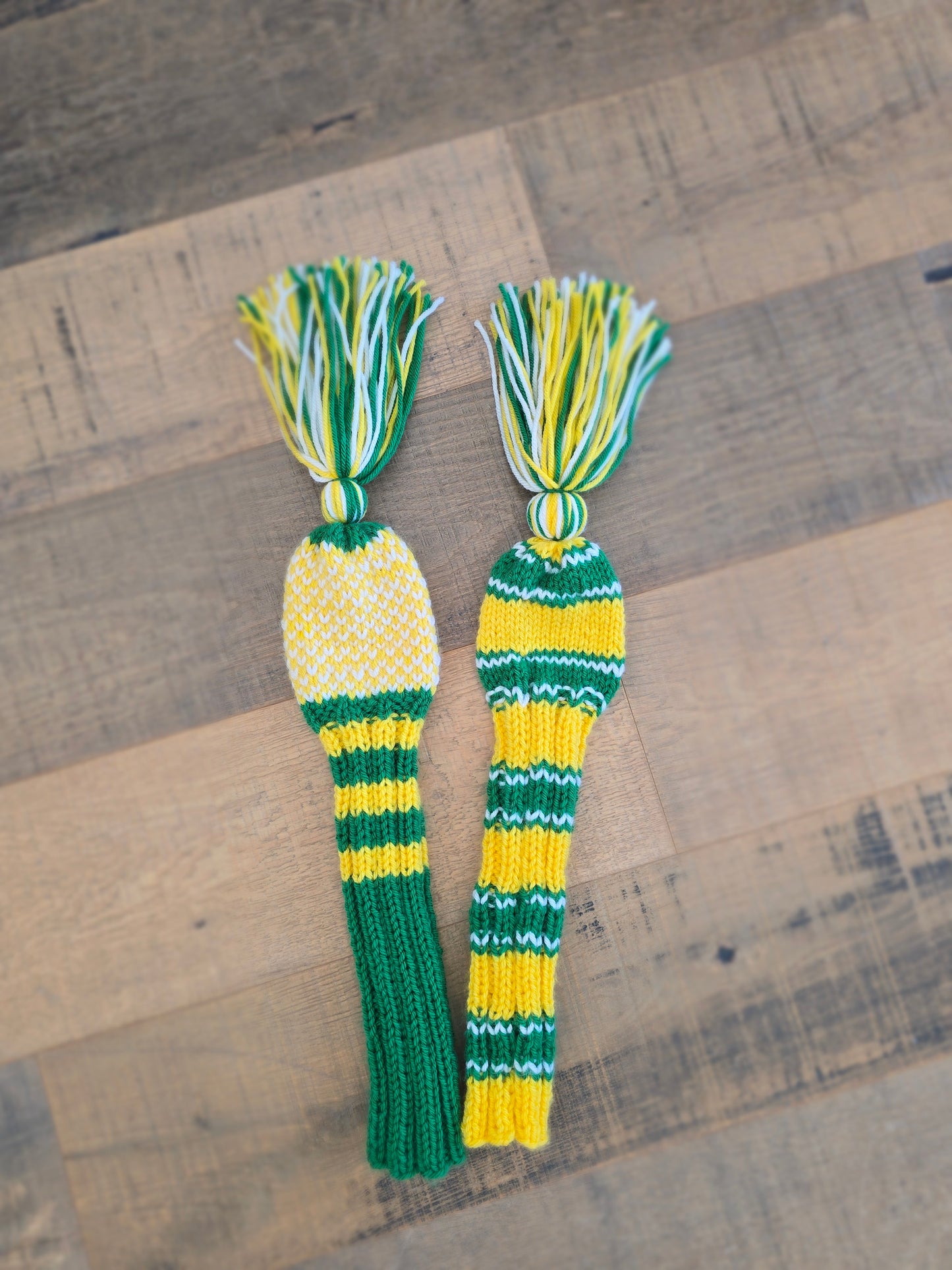 Hand Knit Golf Club Head Covers Retro-Vintage Green, Yellow & White with Tassels for Fairway Woods