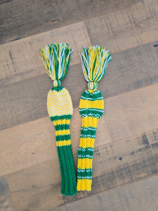 Hand Knit Golf Club Head Covers Retro-Vintage Green, Yellow & White with Tassels for Fairway Woods