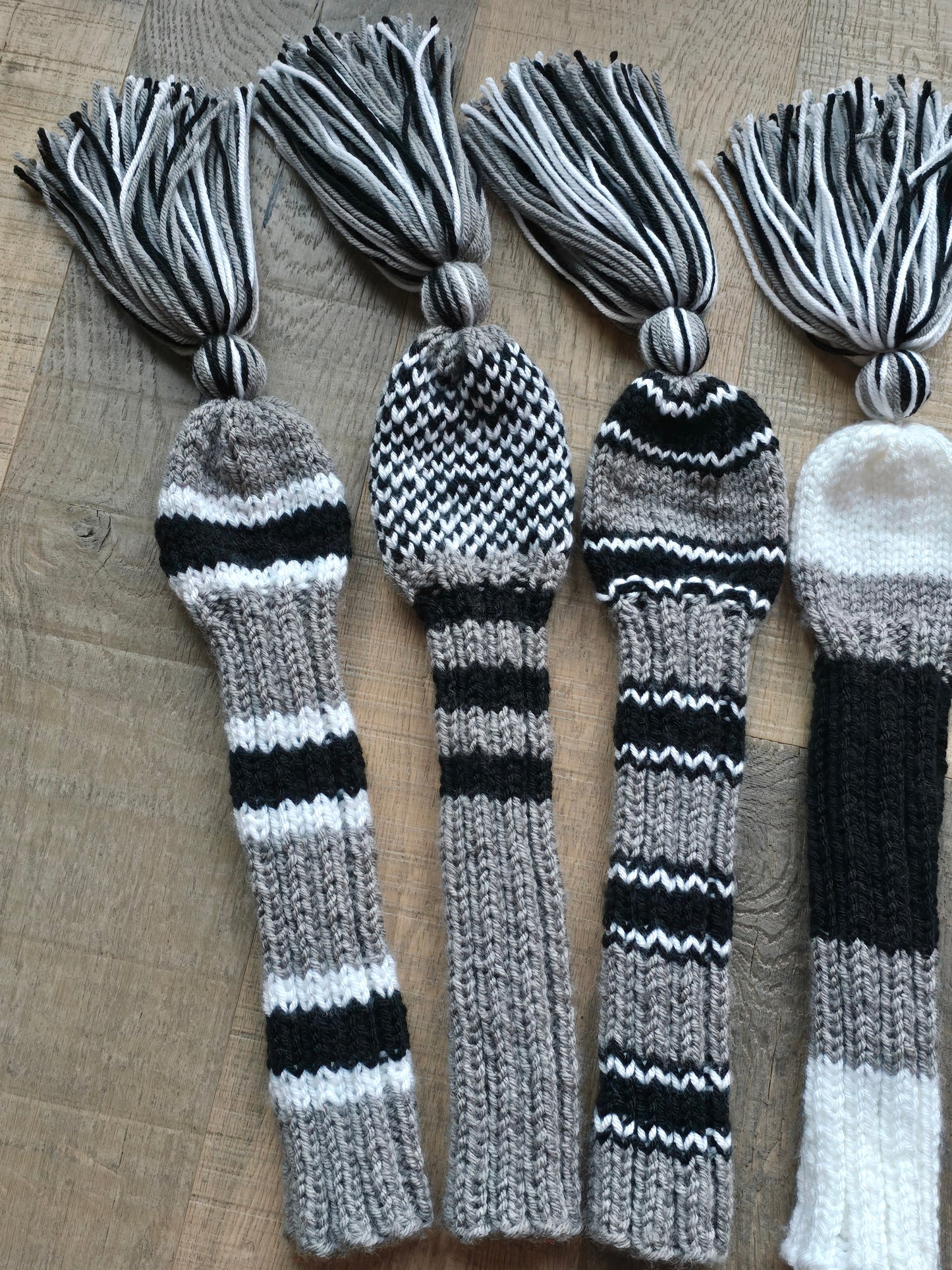 Three Sets Hand Knit Golf Club Head Covers Retro-Vintage Black, Gray and White with Tassels for Woods & Hybrid Clubs Custom for Jeff
