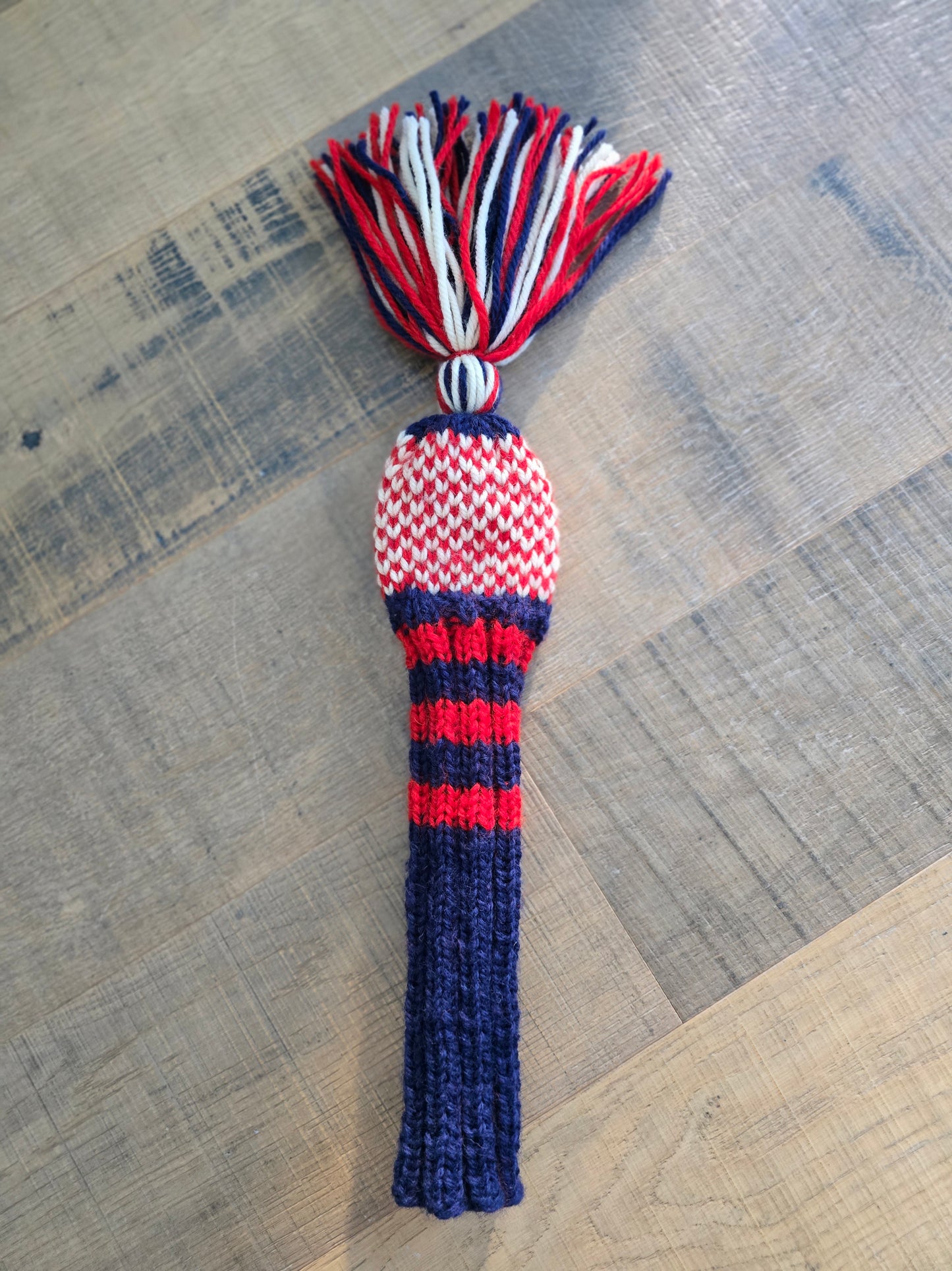 100% Wool Hand Knit Hybrid Golf Club Head Cover Retro-Vintage Blue, Red, & Ivory with Tassel for Ben