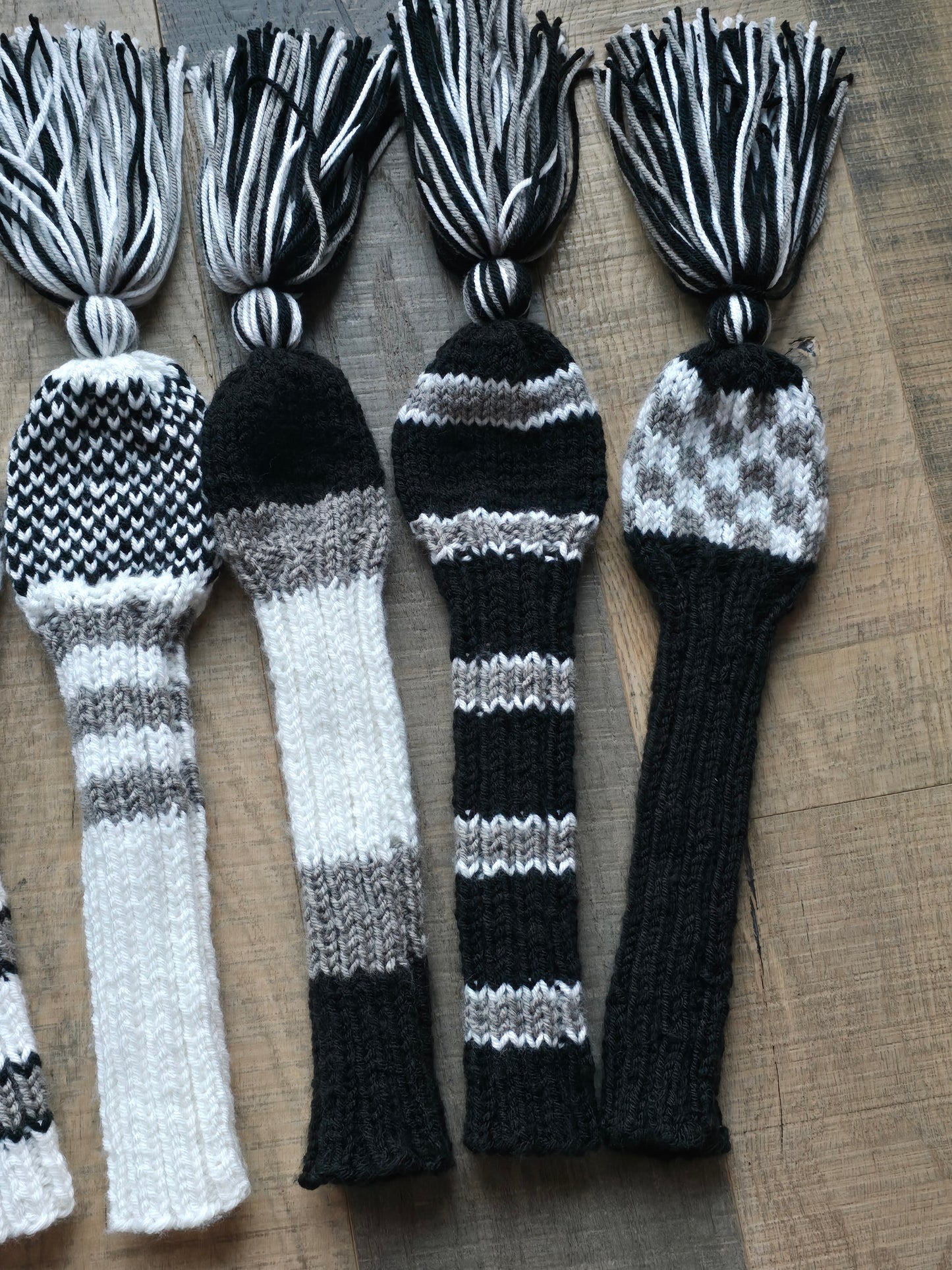 Three Sets Hand Knit Golf Club Head Covers Retro-Vintage Black, Gray and White with Tassels for Woods & Hybrid Clubs Custom for Jeff