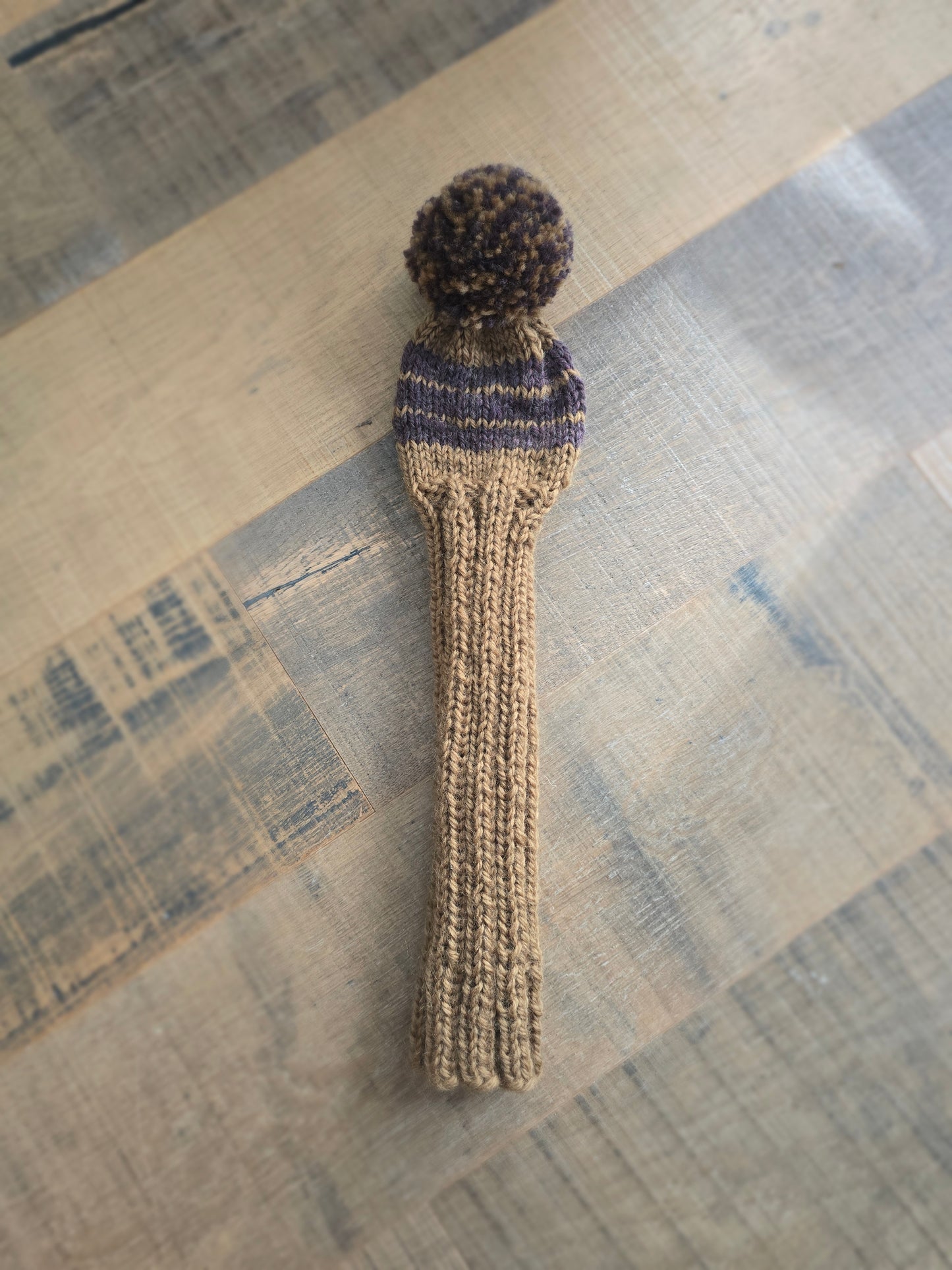 100% Wool Hand Knit Hybrid Golf Club Head Cover Retro-Vintage Brown &Tan with Pom Pom