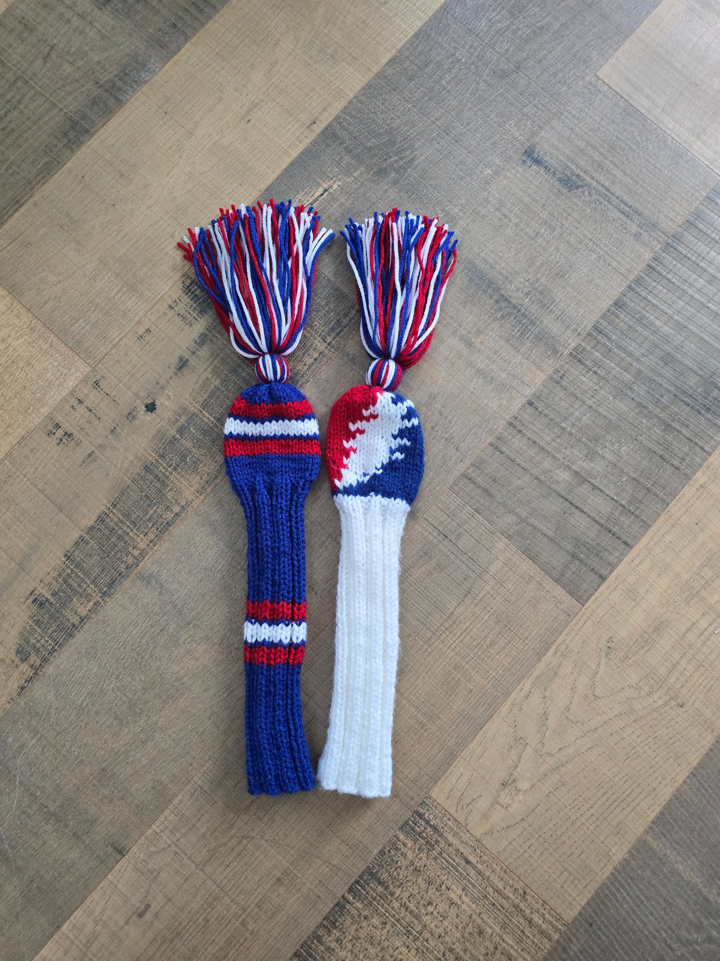 Hand Knit Golf Club Head Covers Retro-Vintage Custom Red, White and Blue Set of Two for Hybrids for Wes