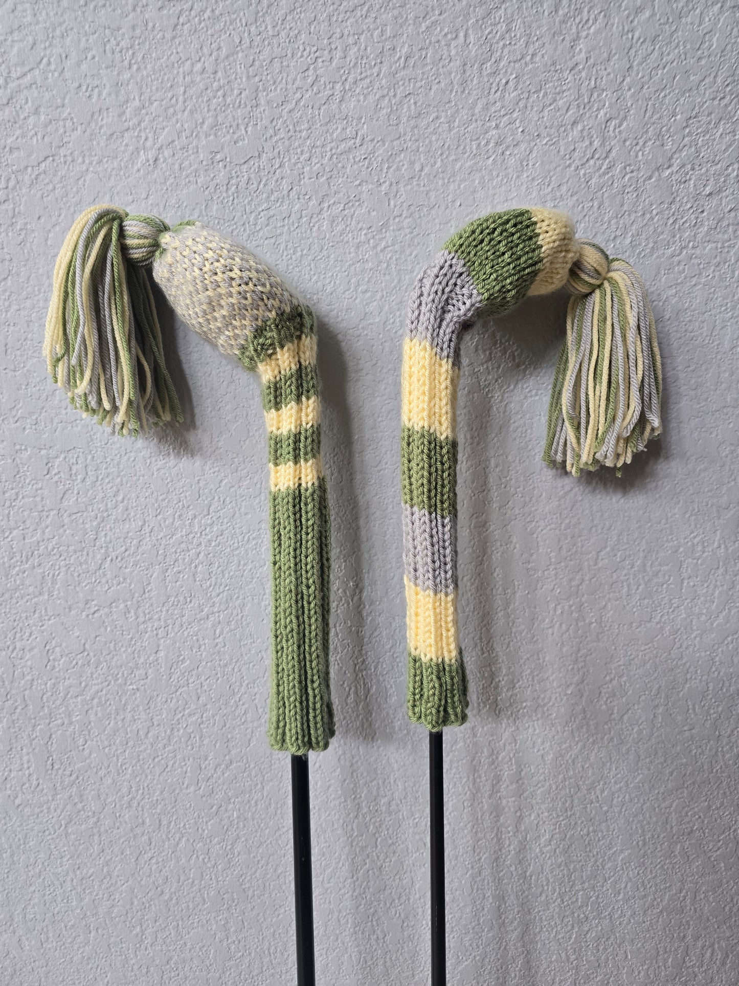 Two Golf Club Head Covers Retro-Vintage Green, Yellow & Gray with Tassels for Fairway Woods