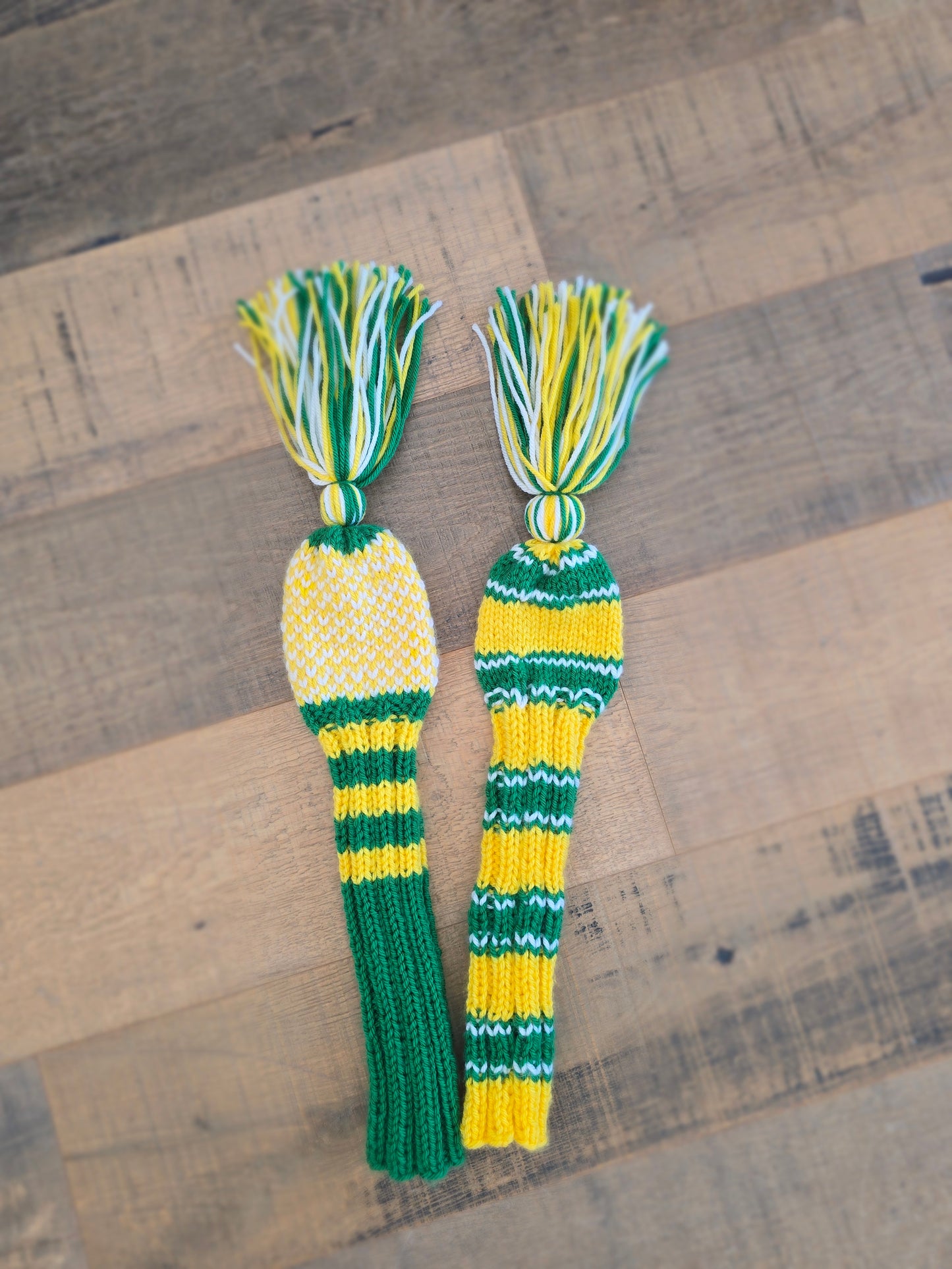 Hand Knit Golf Club Head Covers Retro-Vintage Green, Yellow & White with Tassels for Fairway Woods