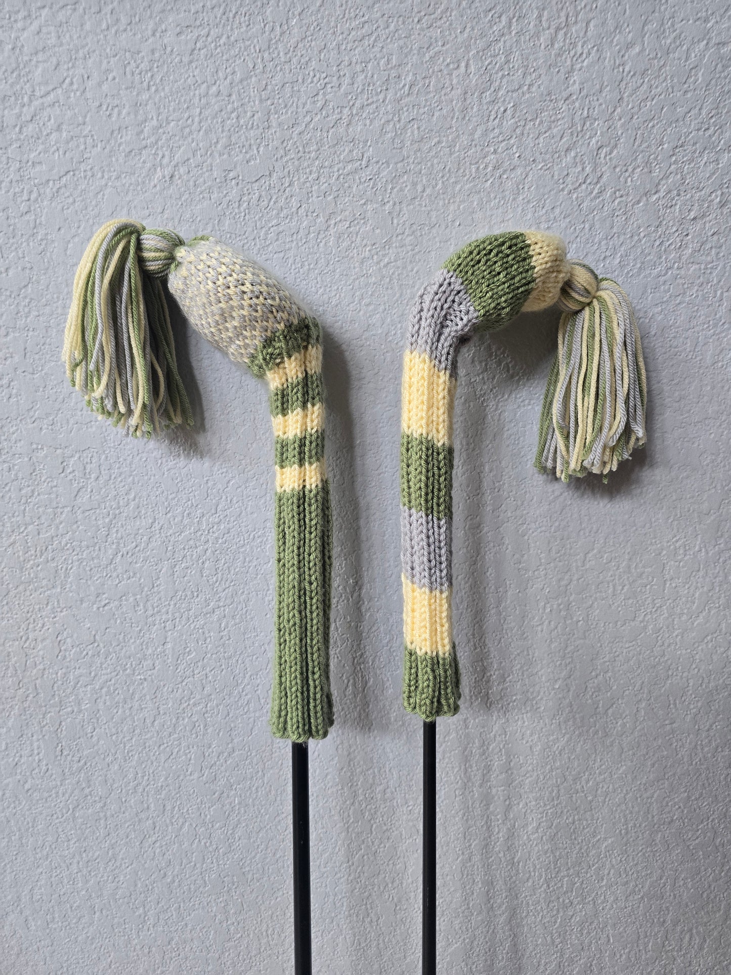 Two Golf Club Head Covers Retro-Vintage Green, Yellow & Gray with Tassels for Fairway Woods