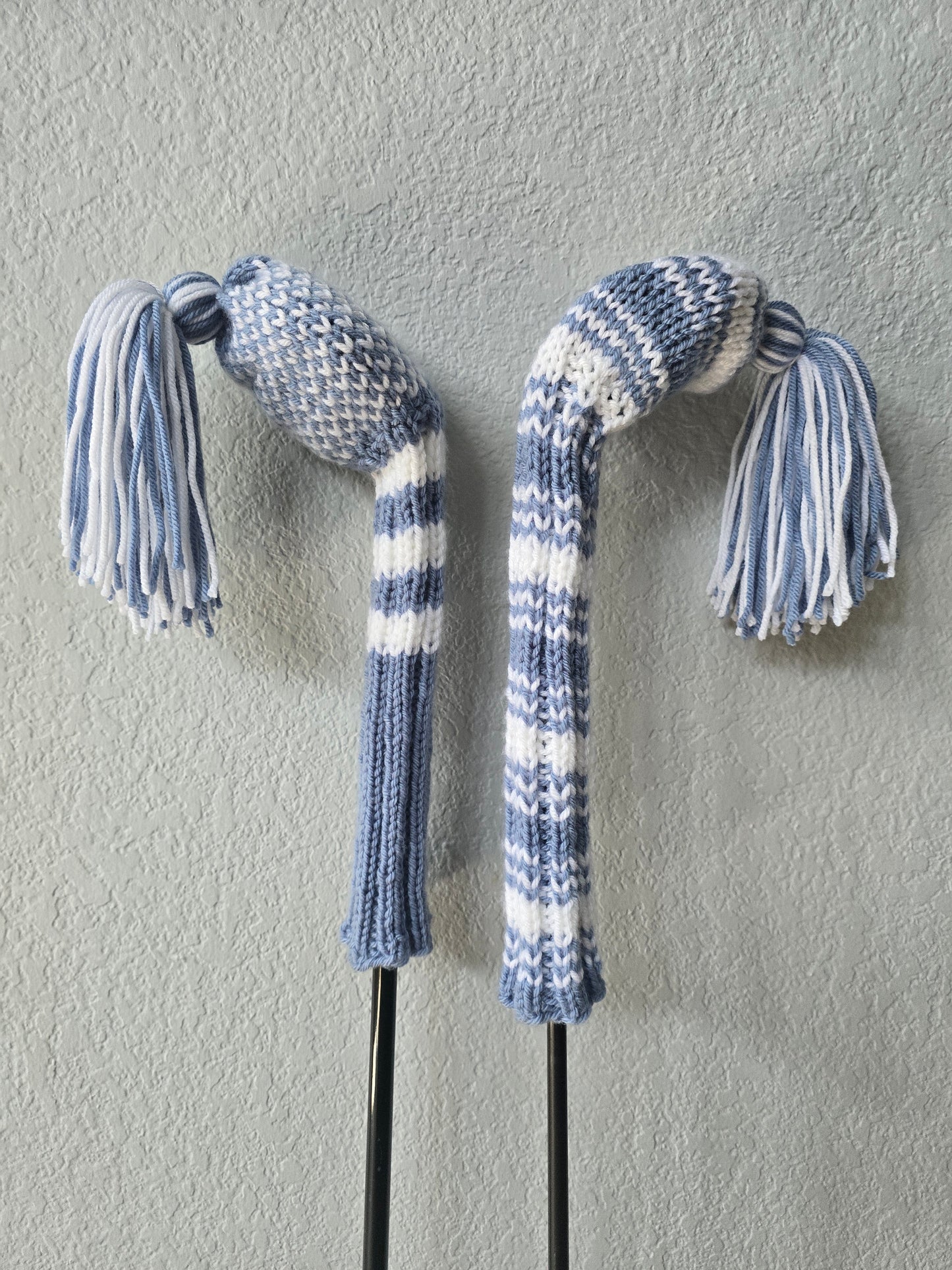 Two Hand Knit Golf Club Head Covers Retro-Vintage Dusty Blue & White with Tassels for Woods