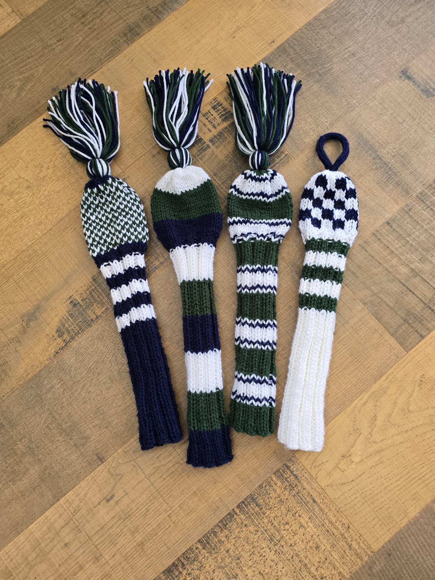 Custom Hand Knit Golf Club Head Covers Retro-Vintage Blue, Green & White with Tassels for Driver, Fairway Woods & Hybrid