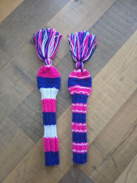 Two Golf Club Head Covers Retro-Vintage Pink, Blue & White with Tassels for Fairway Woods