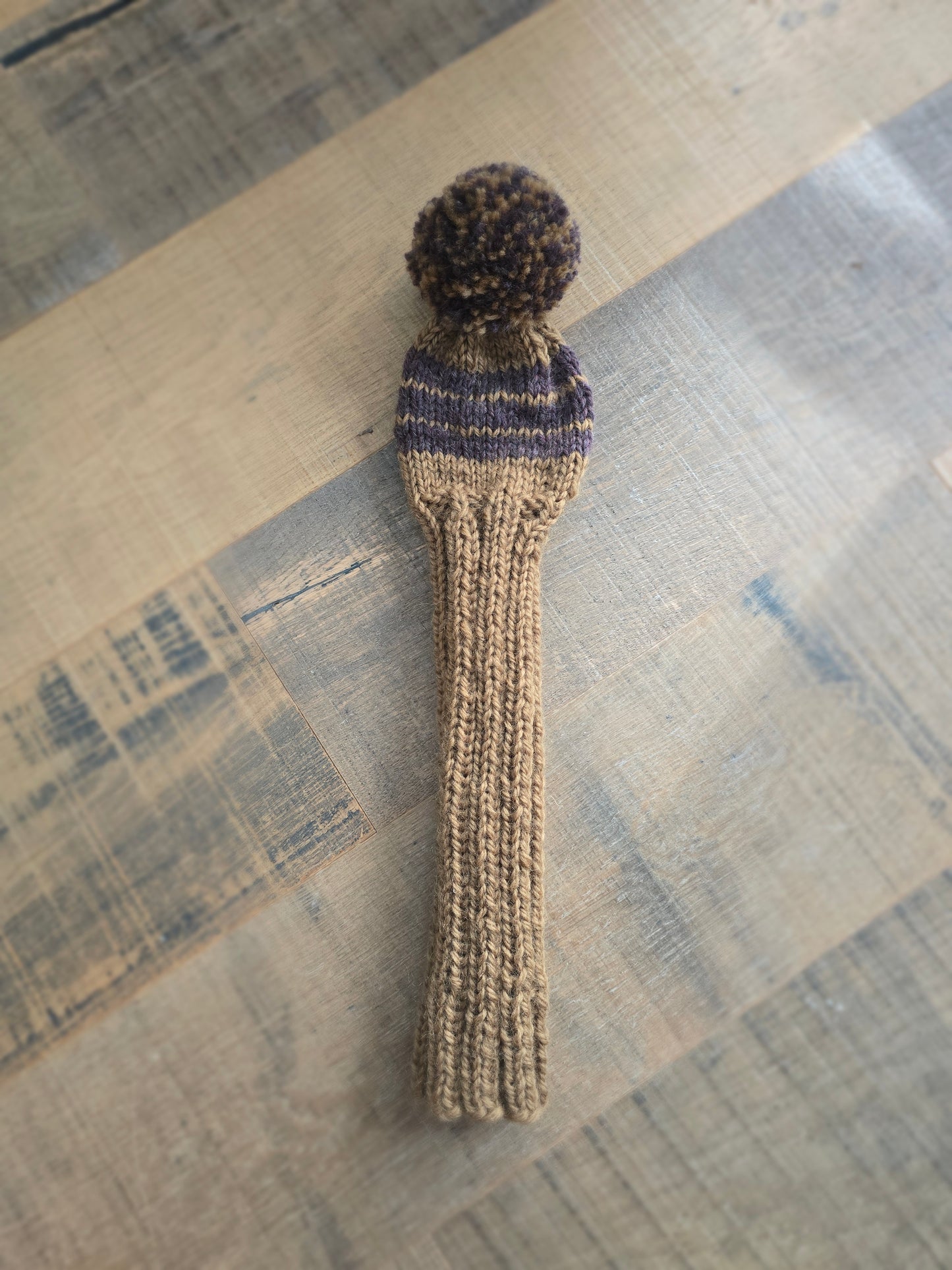 100% Wool Hand Knit Hybrid Golf Club Head Cover Retro-Vintage Brown &Tan with Pom Pom