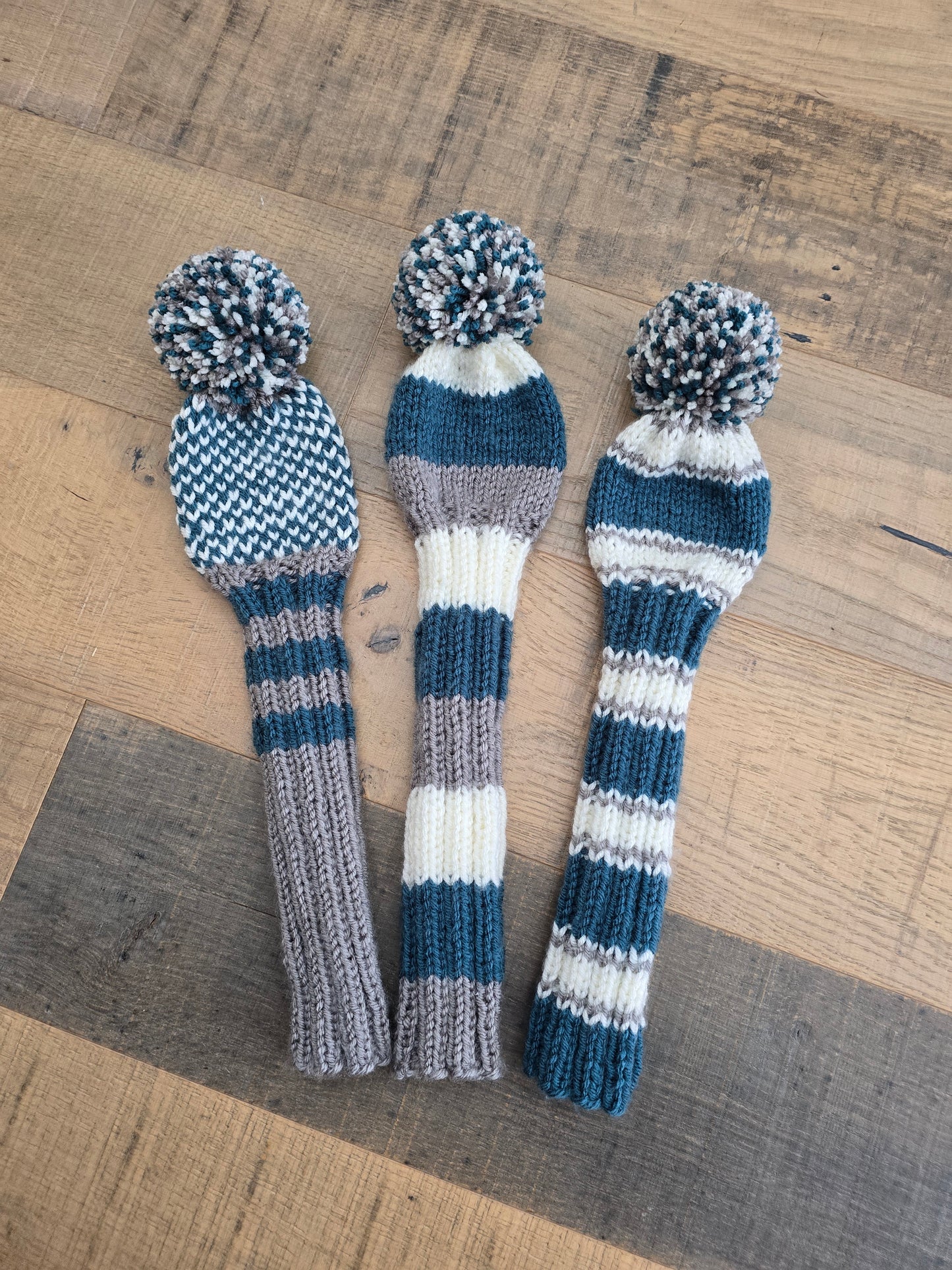 Golf Club Head Covers Retro-Vintage Teal, Gray and Off White with Pom Poms for Drivers, Woods Hand Knit Golf Accessory