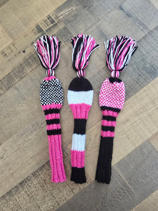 Two Hand Knit Golf Club Head Covers Retro-Vintage Black, Pink & White with Tassels for Fairway Woods