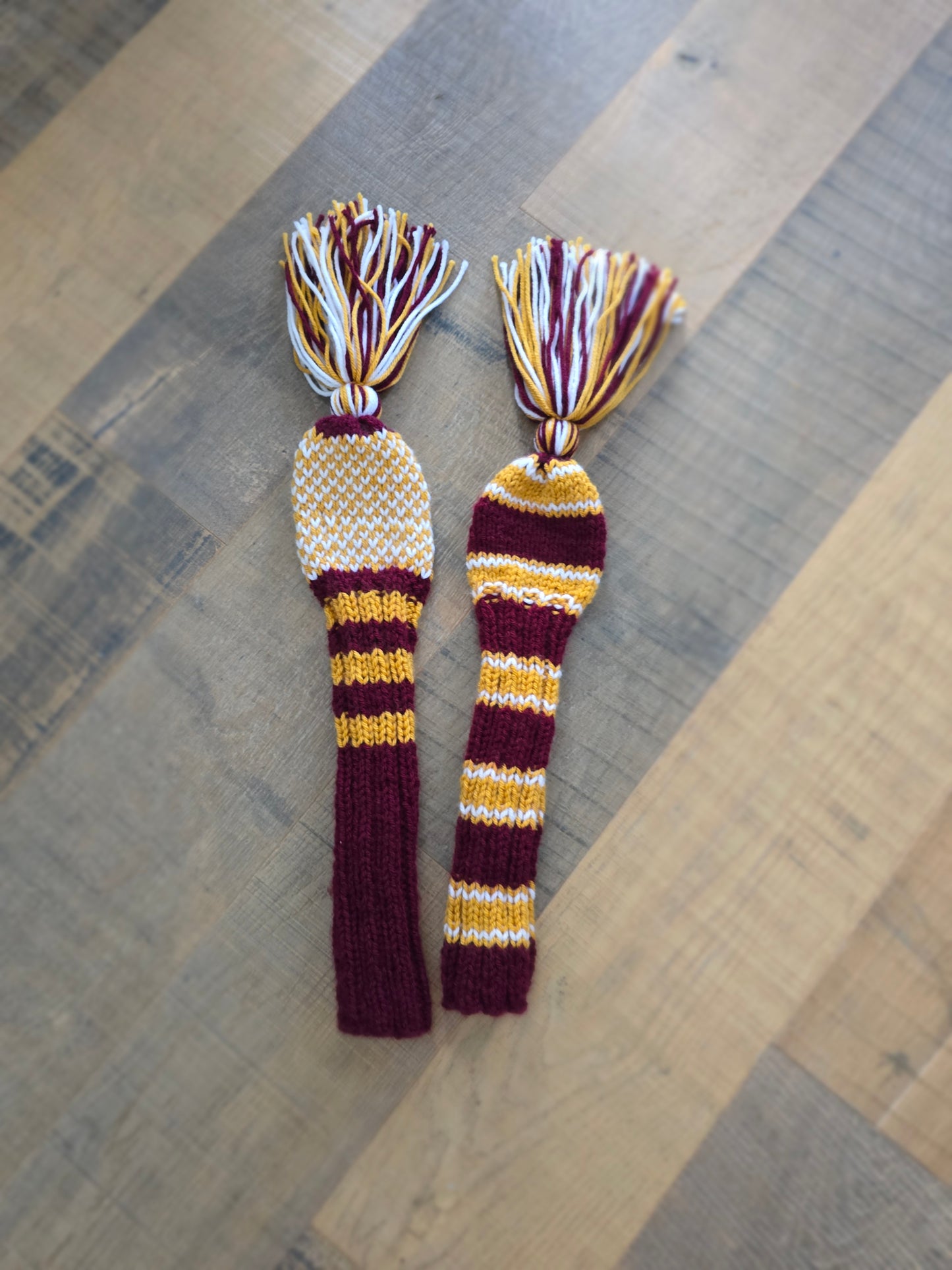Two Golf Club Head Covers Retro-Vintage Burgundy, Gold & White with Tassels for Fairway Woods