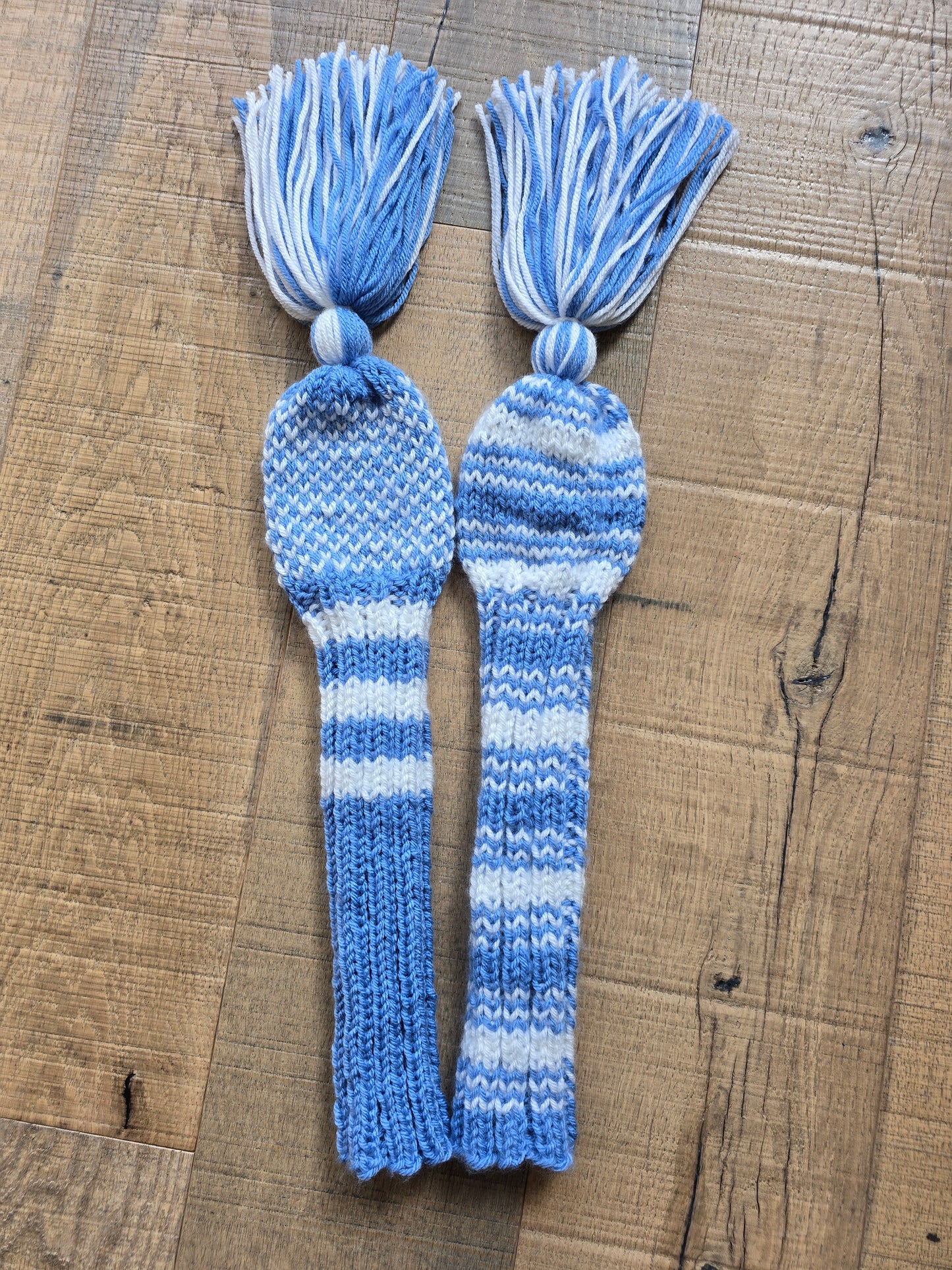 Two Hand Knit Golf Club Head Covers Retro-Vintage Blue & White with Tassels for Woods