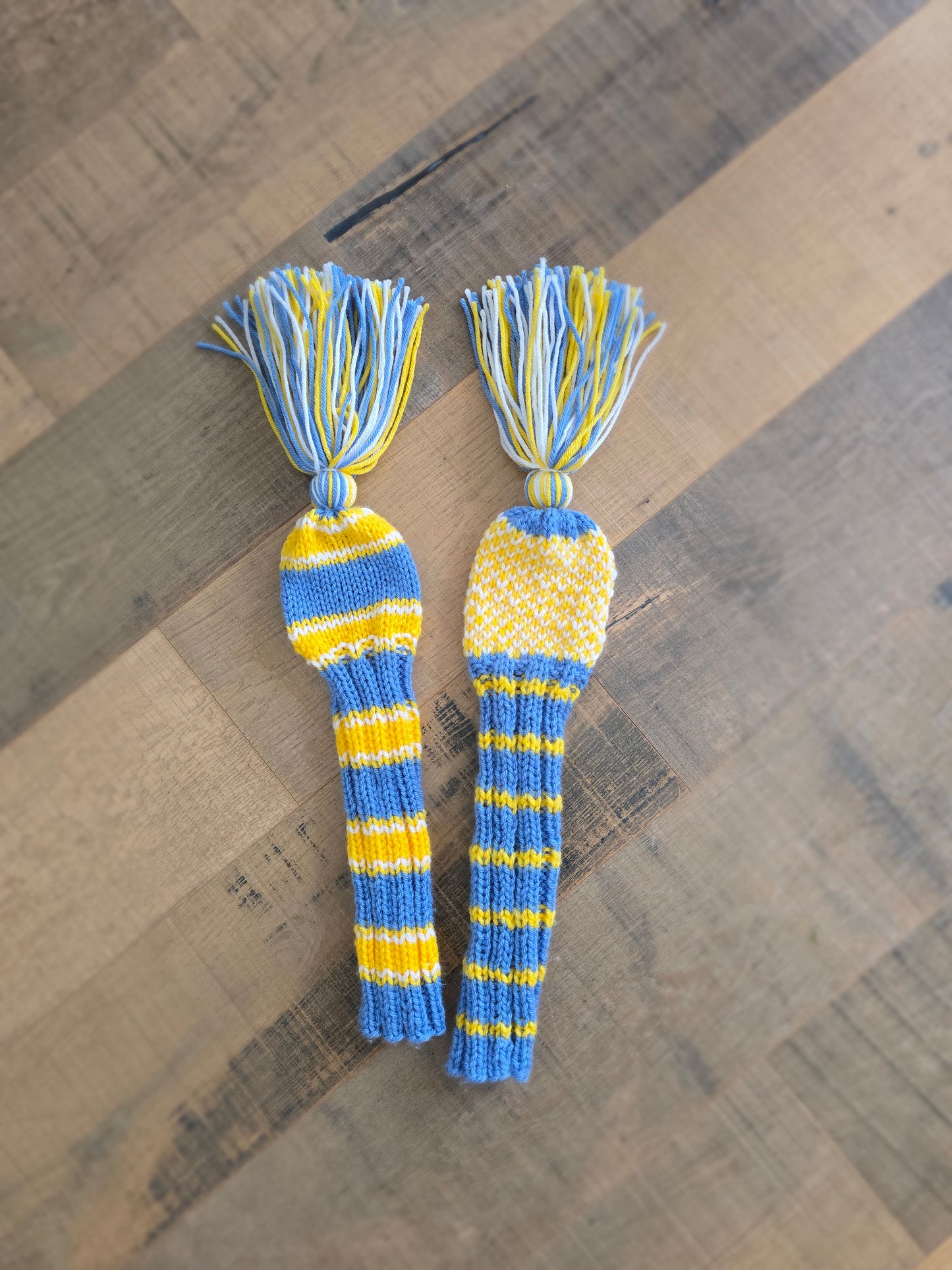 Hand Knit Golf Club Head Covers Retro-Vintage Blue, Yellow & White with Tassels for Fairway Woods