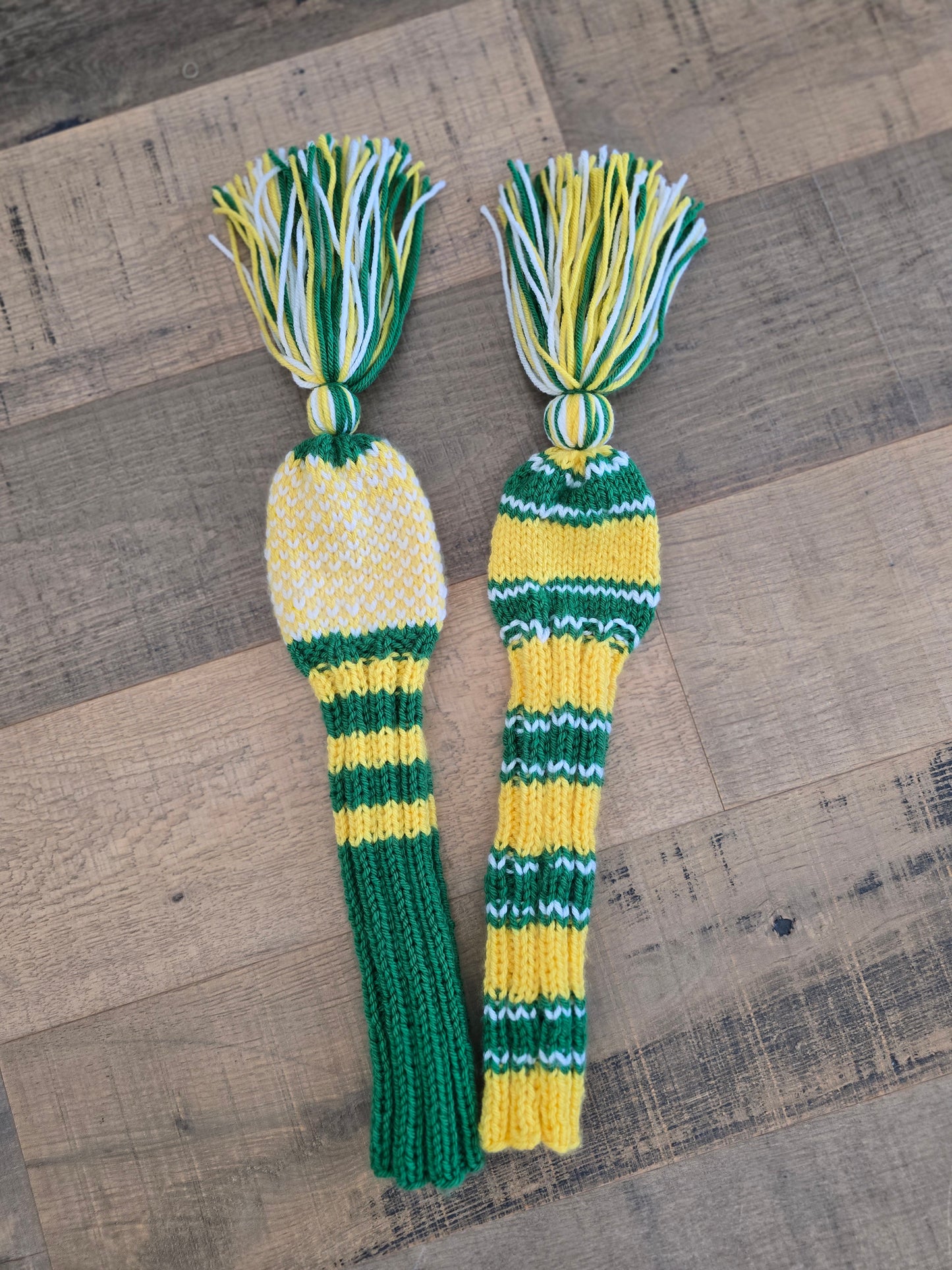 Hand Knit Golf Club Head Covers Retro-Vintage Green, Yellow & White with Tassels for Fairway Woods