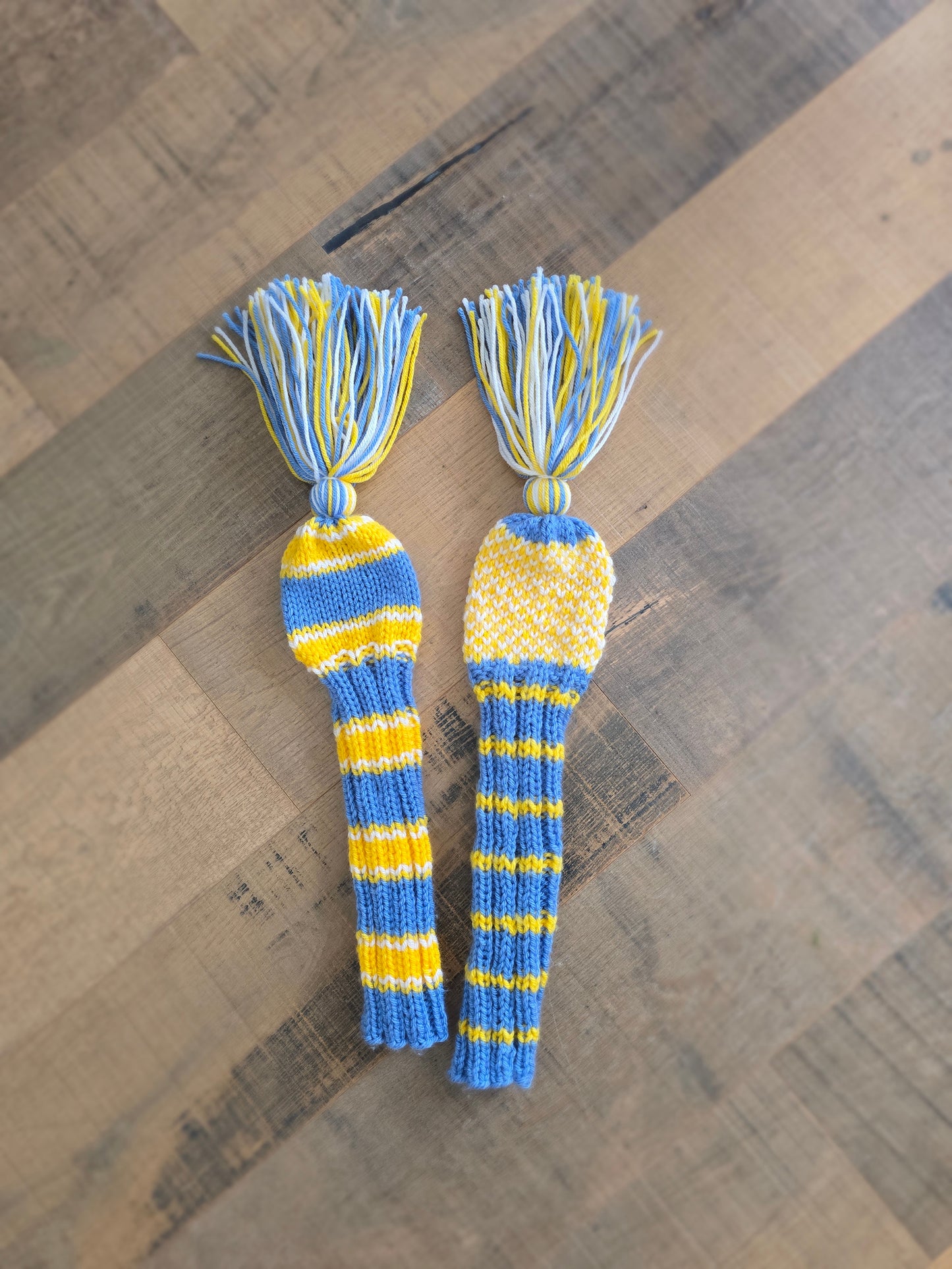 Hand Knit Golf Club Head Covers Retro-Vintage Blue, Yellow & White with Tassels for Fairway Woods