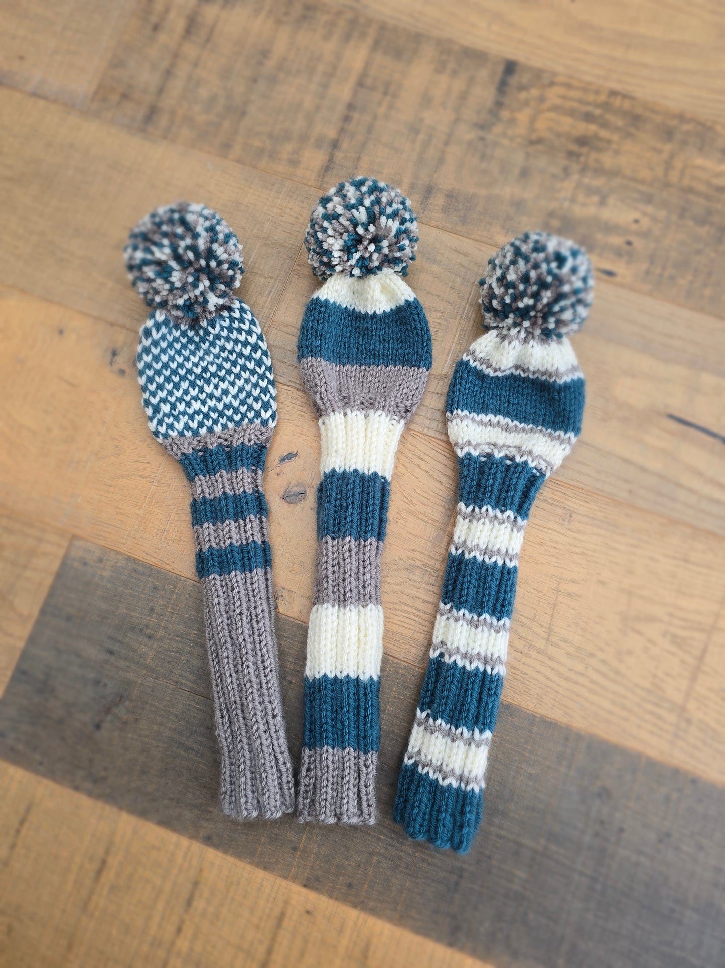 Golf Club Head Covers Retro-Vintage Teal, Gray and Off White with Pom Poms for Drivers, Woods Hand Knit Golf Accessory