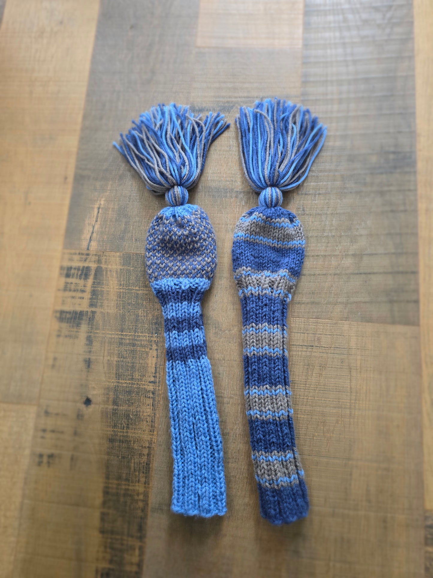 Hand Knit Golf Club Head Covers Retro-Vintage Black, Blue & Gray with Tassels for Fairway Woods
