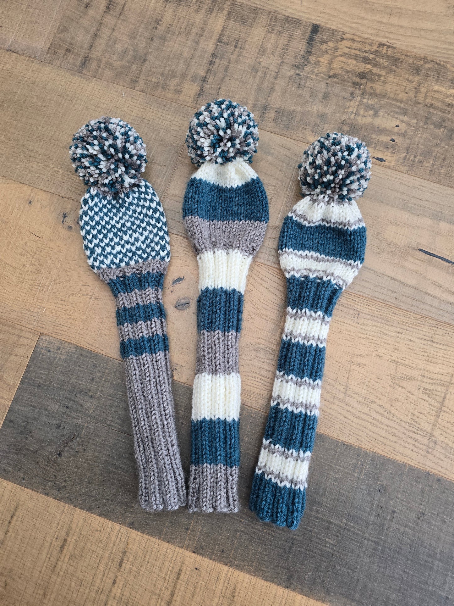 Golf Club Head Covers Retro-Vintage Teal, Gray and Off White with Pom Poms for Drivers, Woods Hand Knit Golf Accessory
