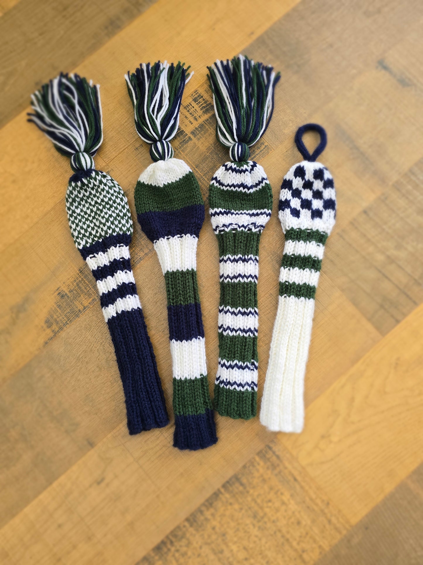 Custom Hand Knit Golf Club Head Covers Retro-Vintage Blue, Green & White with Tassels for Driver, Fairway Woods & Hybrid