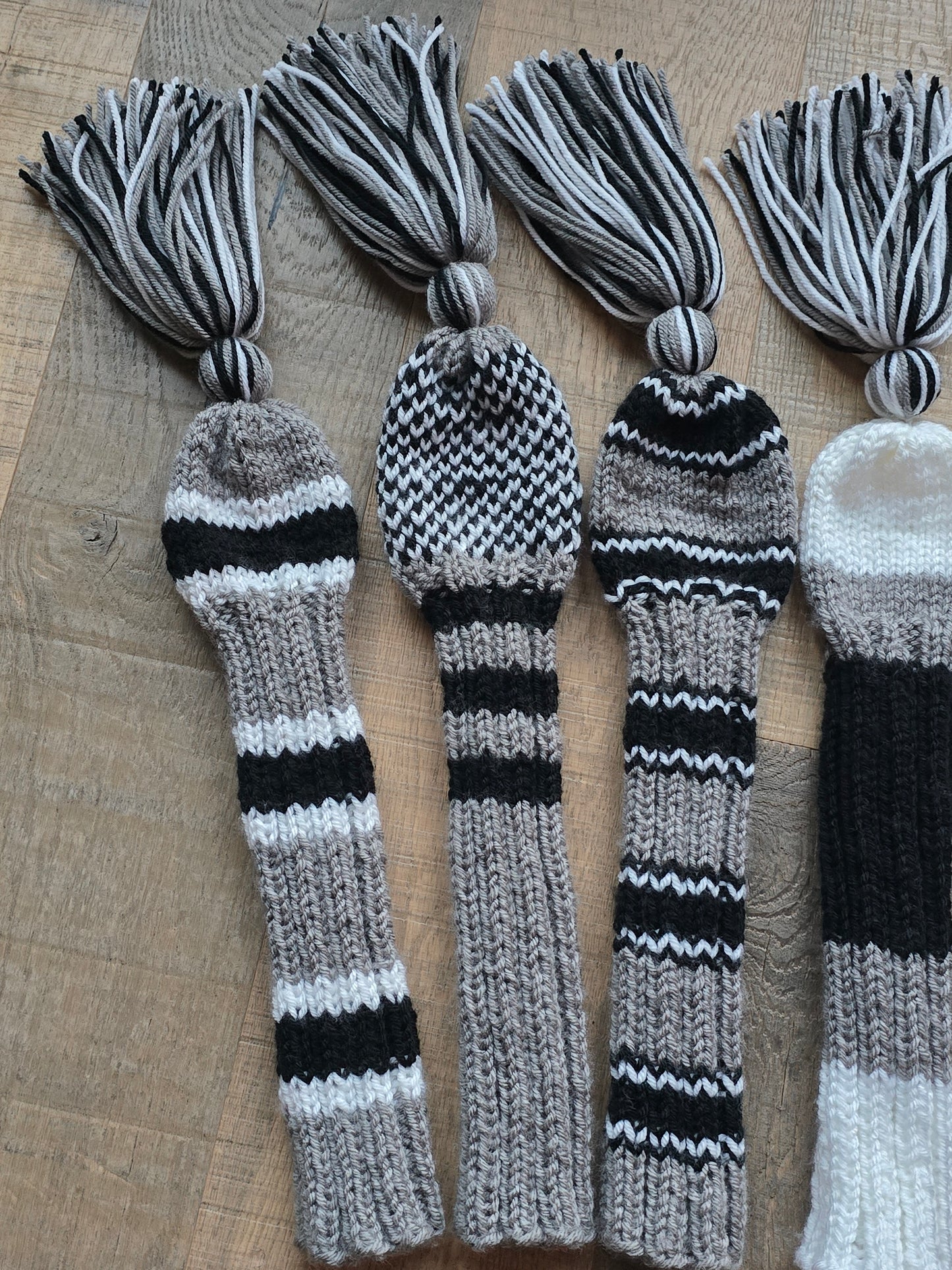 Three Sets Hand Knit Golf Club Head Covers Retro-Vintage Black, Gray and White with Tassels for Woods & Hybrid Clubs Custom for Jeff