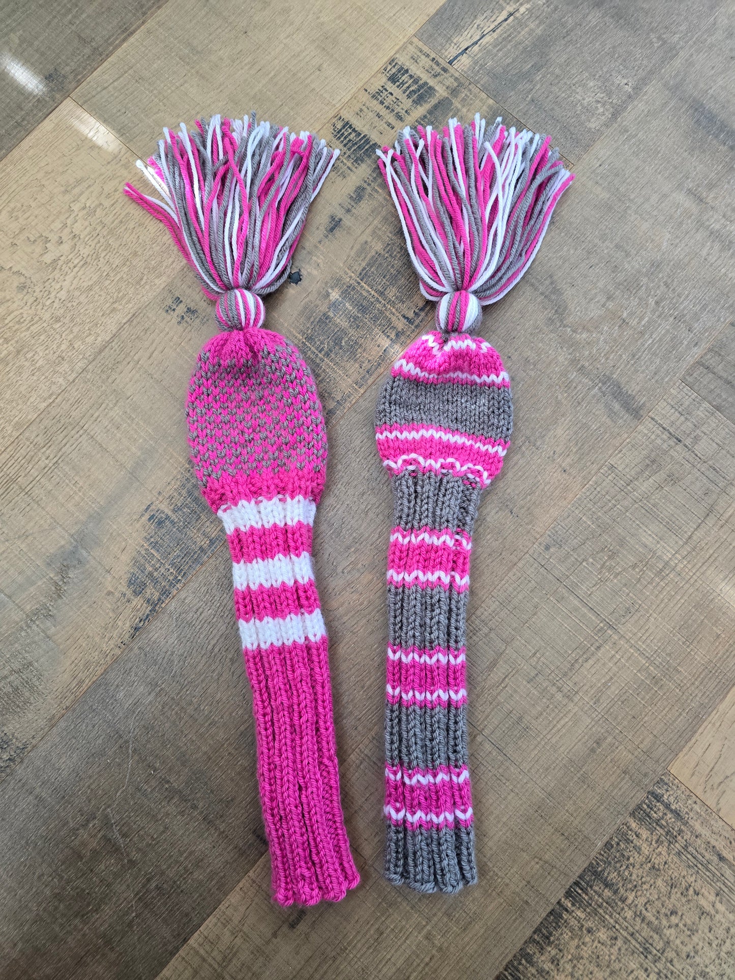 Two Golf Club Head Covers Retro-Vintage Pink, Gray & White with Tassels for Fairway Wood & Driver