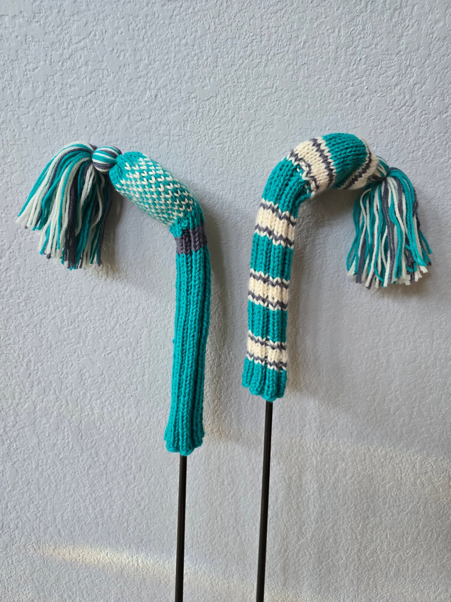 Two 100% Wool Hand Knit Golf Club Head Cover Retro-Vintage Teal, Gray & Ivory with Tassel for Fairway Woods