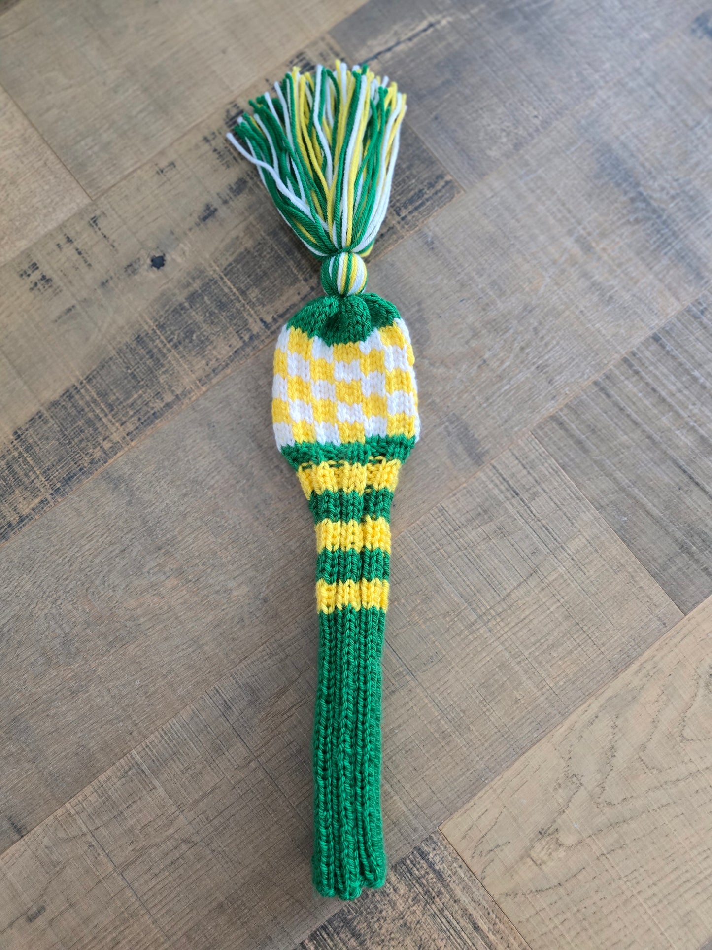 One Hand Knit Golf Club Head Covers Retro-Vintage Green, Yellow & White with Tassel for 5 Wood Custom for Eric
