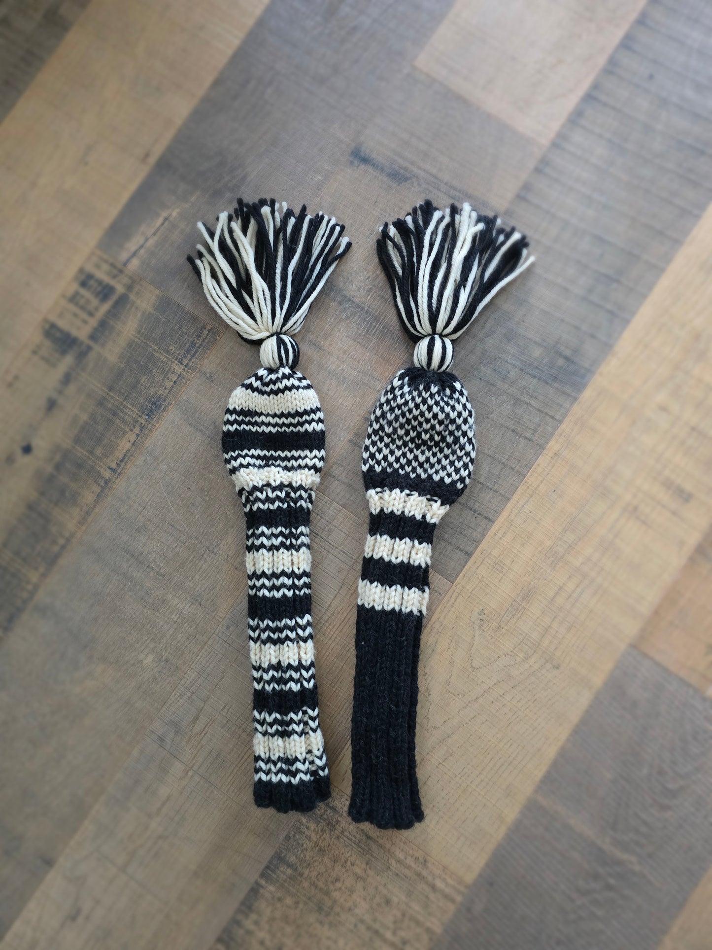 Two 100% Wool Hand Knit Golf Club Head Cover Retro-Vintage Dark Gray & Ivory with Tassel for Fairway Woods