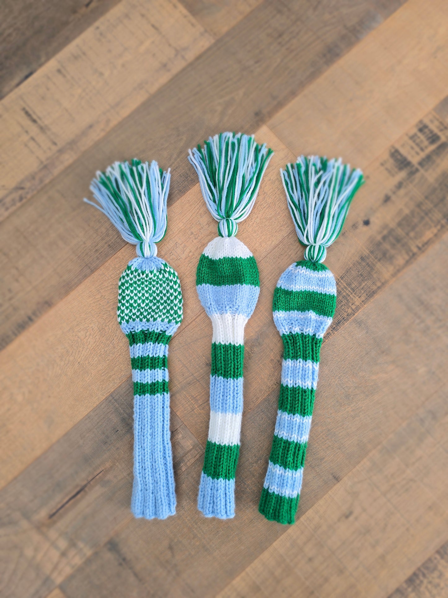Three Golf Club Head Covers Retro-Vintage Blue, Green & White with Tassels for Drivers, Woods