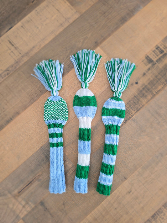 Three Golf Club Head Covers Retro-Vintage Blue, Green & White with Tassels for Drivers, Woods