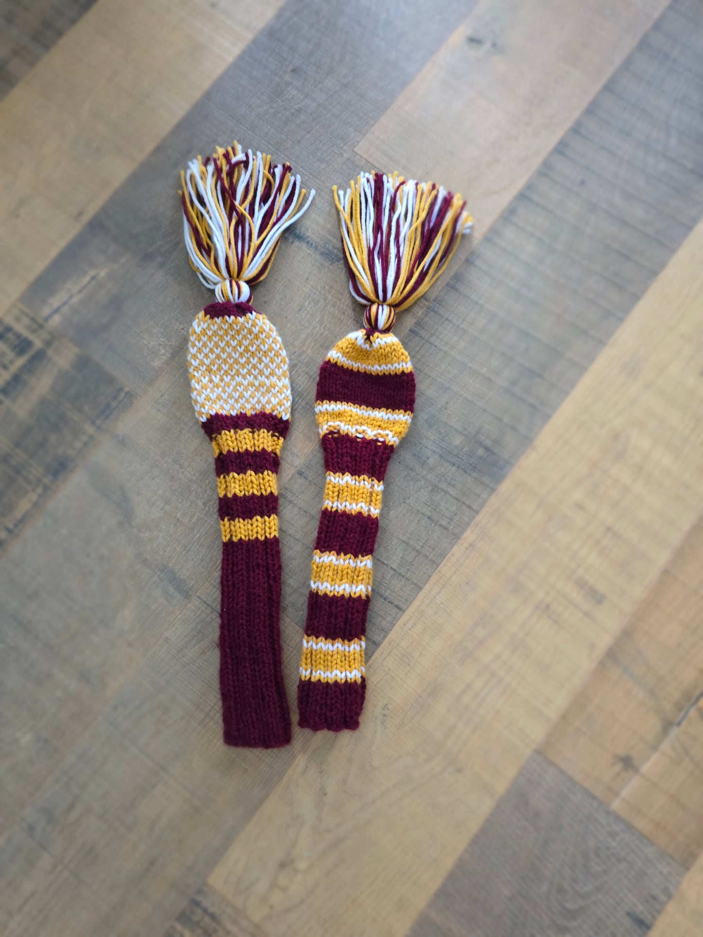 Two Golf Club Head Covers Retro-Vintage Burgundy, Gold & White with Tassels for Fairway Woods