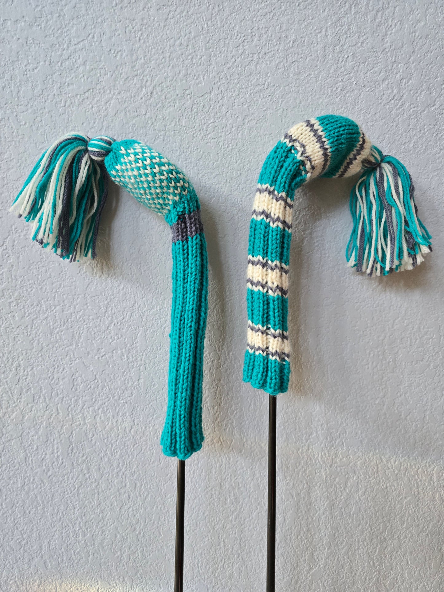 Two 100% Wool Hand Knit Golf Club Head Cover Retro-Vintage Teal, Gray & Ivory with Tassel for Fairway Woods