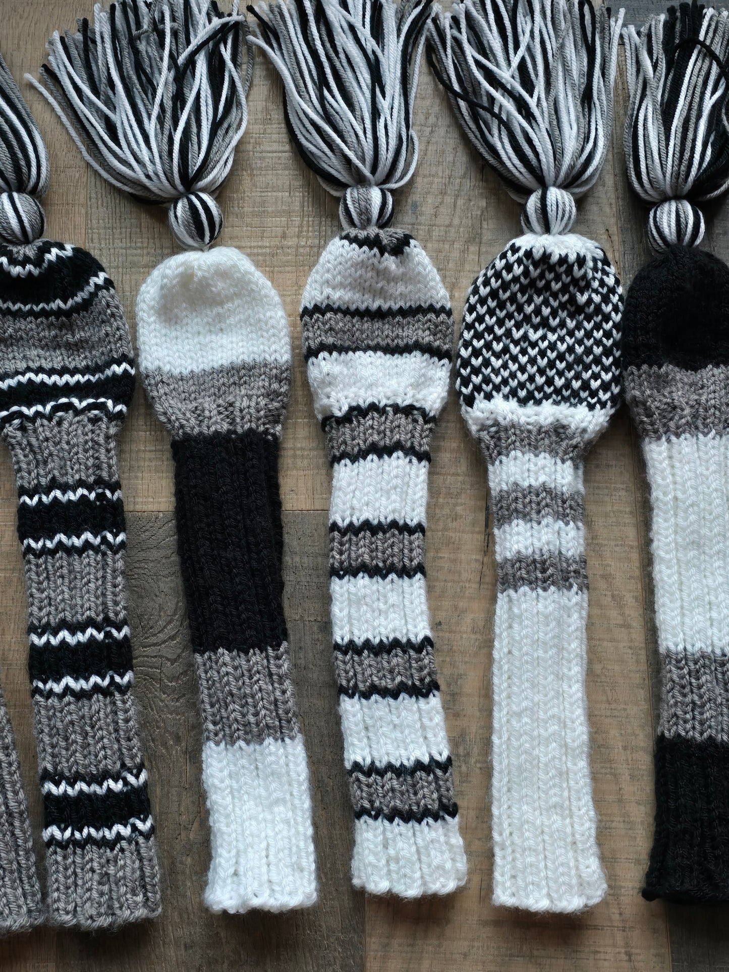 Three Sets Hand Knit Golf Club Head Covers Retro-Vintage Black, Gray and White with Tassels for Woods & Hybrid Clubs Custom for Jeff