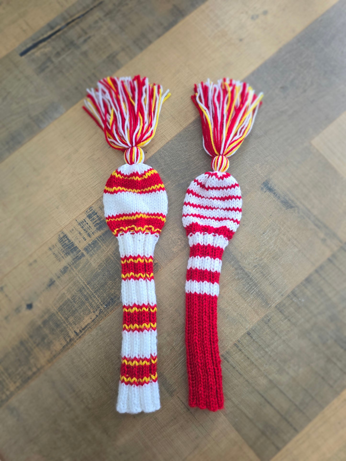 Two Golf Club Head Covers Retro-Vintage Red, Yellow & White with Tassels Driver & Fairway Wood Covers Custom for Kawika