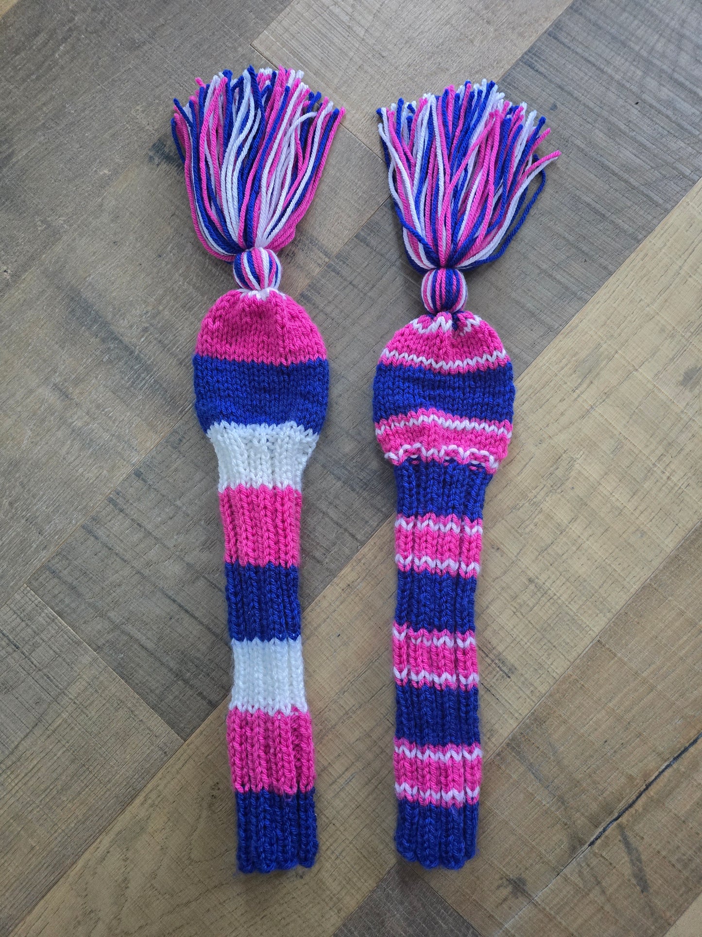 Two Golf Club Head Covers Retro-Vintage Pink, Blue & White with Tassels for Fairway Woods