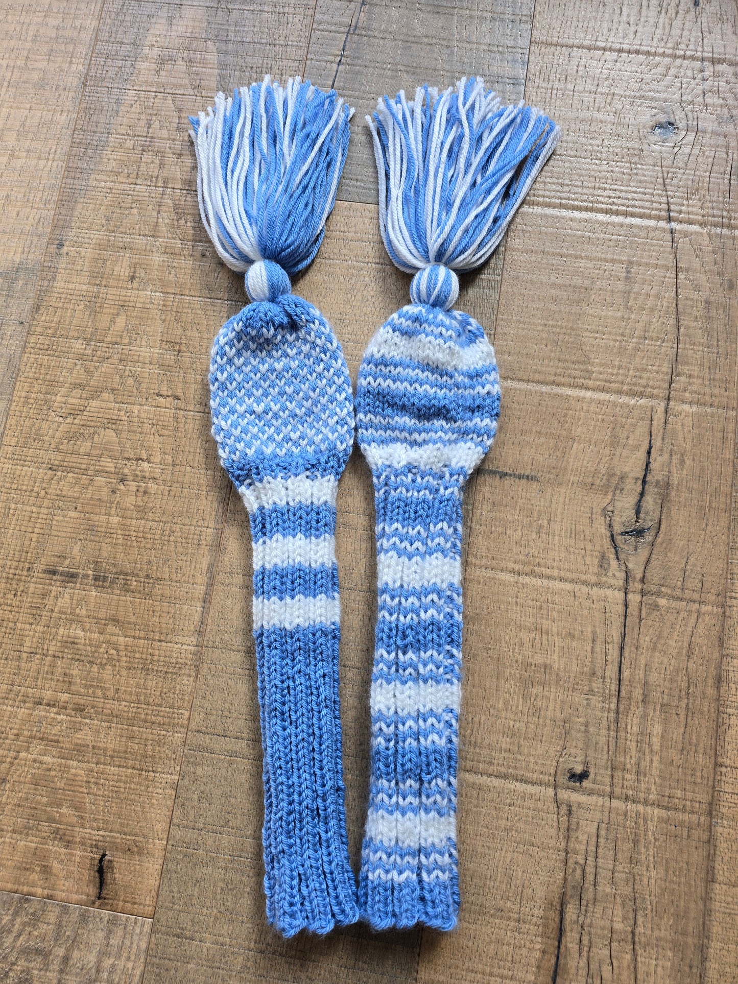 Two Hand Knit Golf Club Head Covers Retro-Vintage Blue & White with Tassels for Woods