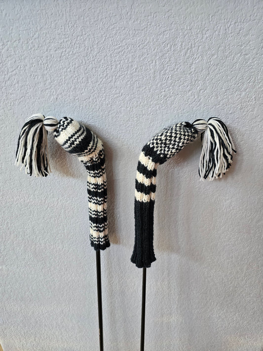 Two 100% Wool Hand Knit Golf Club Head Cover Retro-Vintage Dark Gray & Ivory with Tassel for Fairway Woods