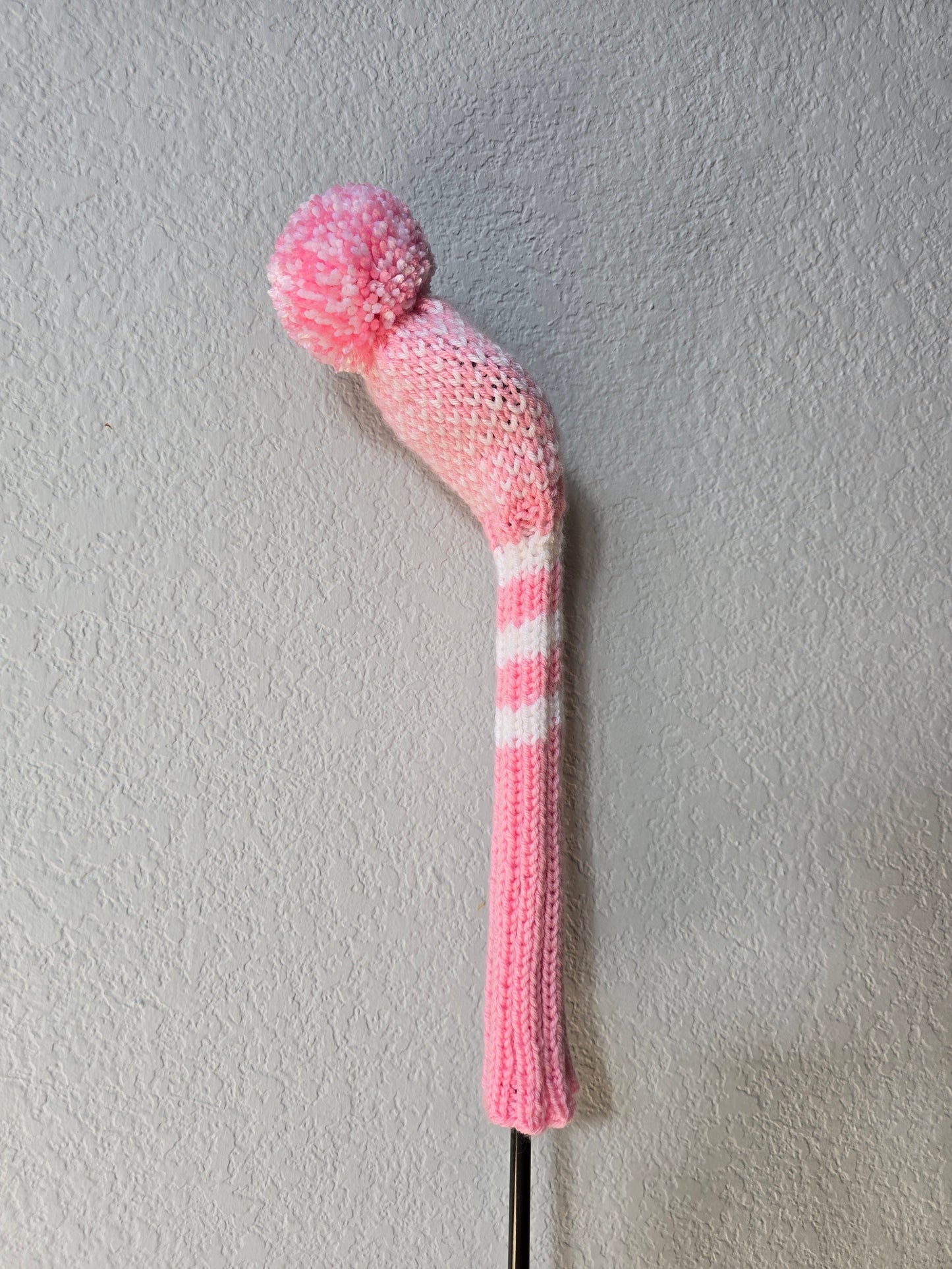 Custom Hand Knit Golf Club Head Cover Retro-Vintage Pink & White with Pom Pom for 5 Wood for Melissa