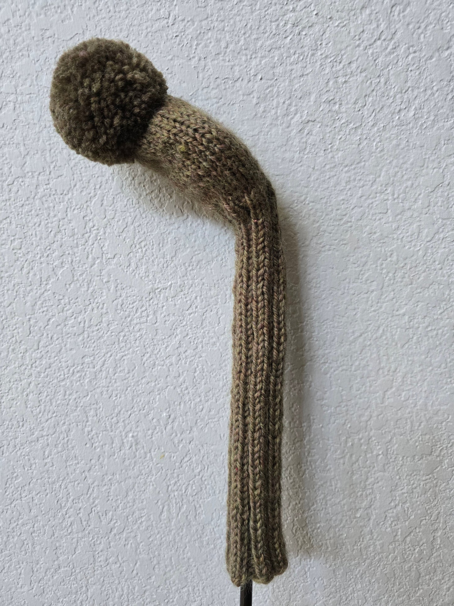 100% Wool Hand Knit Hybrid Golf Club Head Cover Retro-Vintage Olive with Pom Pom