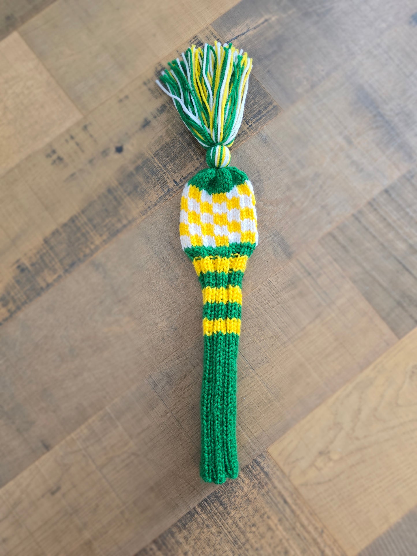 One Hand Knit Golf Club Head Covers Retro-Vintage Green, Yellow & White with Tassel for 5 Wood Custom for Eric