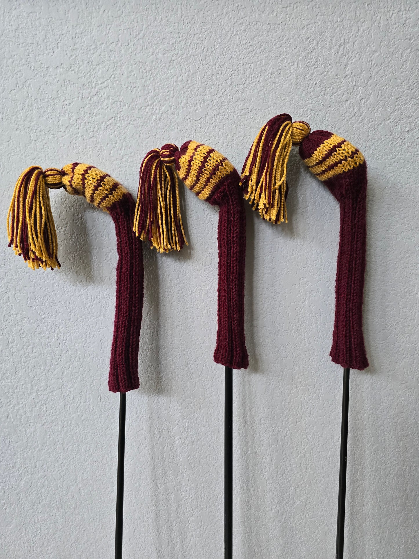 Custom Hand Knit Golf Club Head Covers Retro-Vintage Maroon & Gold with Tassels for 3,4 & 5 Fairway Woods