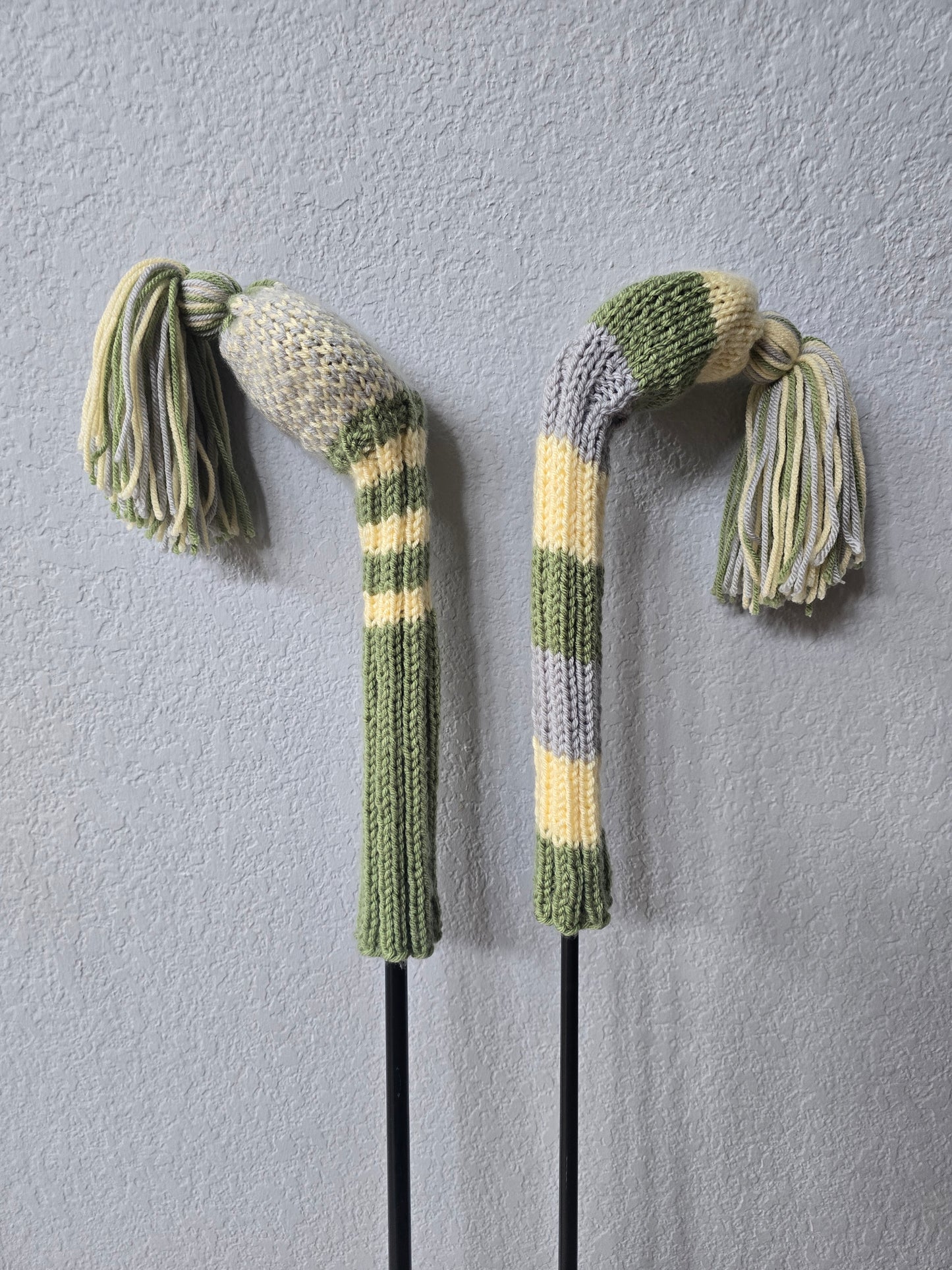 Two Golf Club Head Covers Retro-Vintage Green, Yellow & Gray with Tassels for Fairway Woods