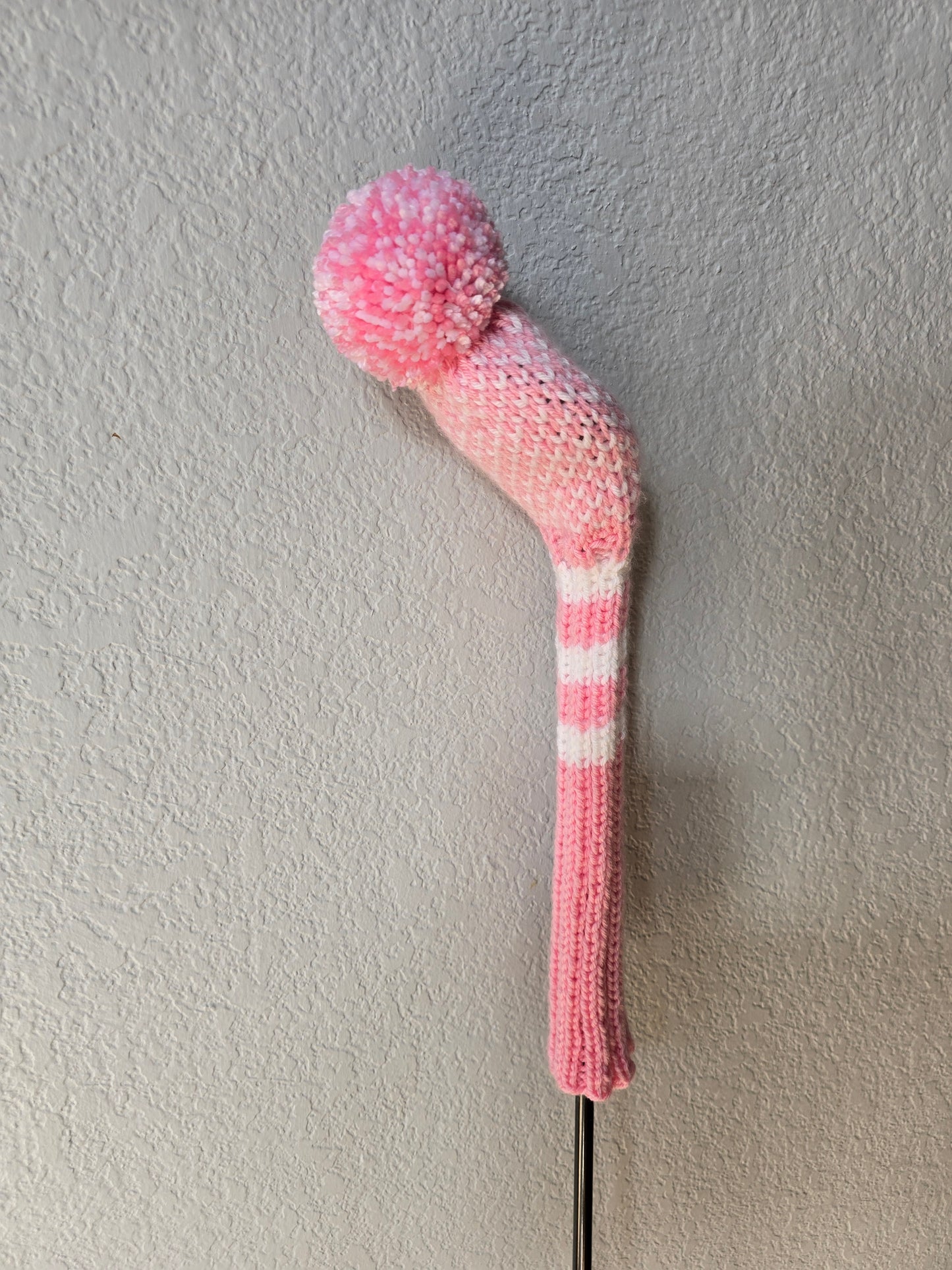Custom Hand Knit Golf Club Head Cover Retro-Vintage Pink & White with Pom Pom for 5 Wood for Melissa
