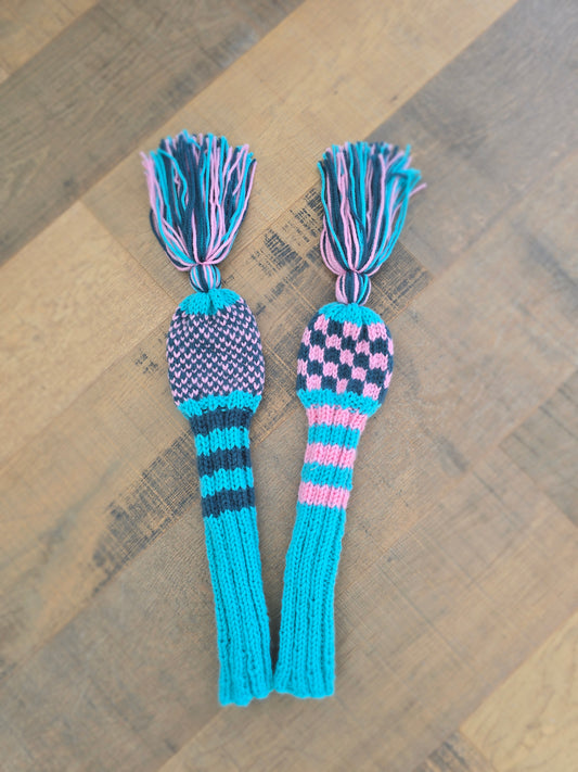 Two Golf Club Head Covers Retro-Vintage Aqua, Pink & Real with Tassels for Fairway Woods