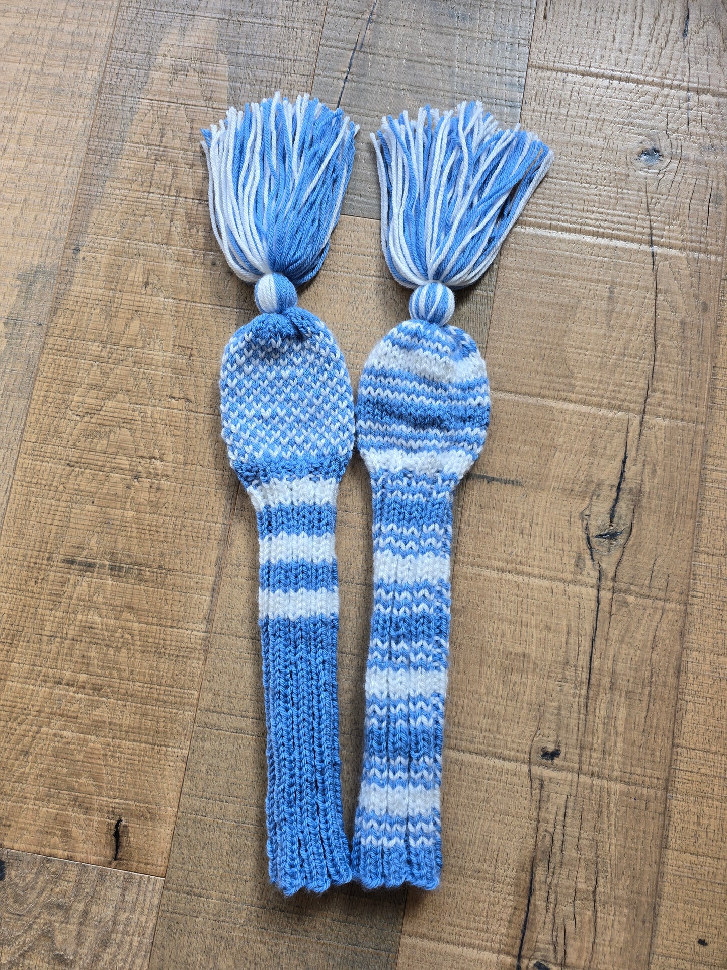 Two Hand Knit Golf Club Head Covers Retro-Vintage Blue & White with Tassels for Woods
